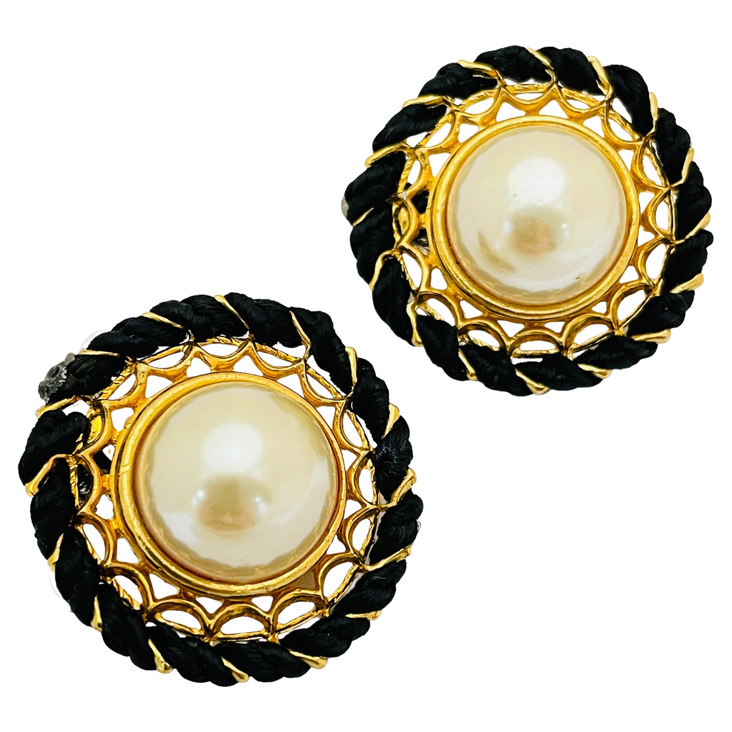 Vintage gold pearl rope designer runway clip on earrings For Sale