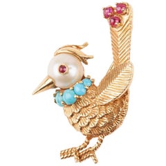Gold Pearl Rubies and Turquoise French Bird Brooch