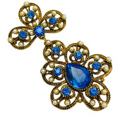 Vintage gold pearl sapphire rhinestone designer brooch
