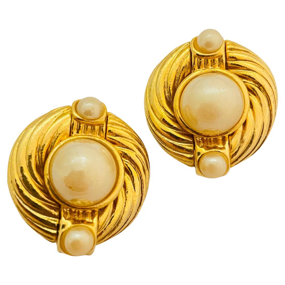 Vintage gold pearl twisted cable runway earrings For Sale