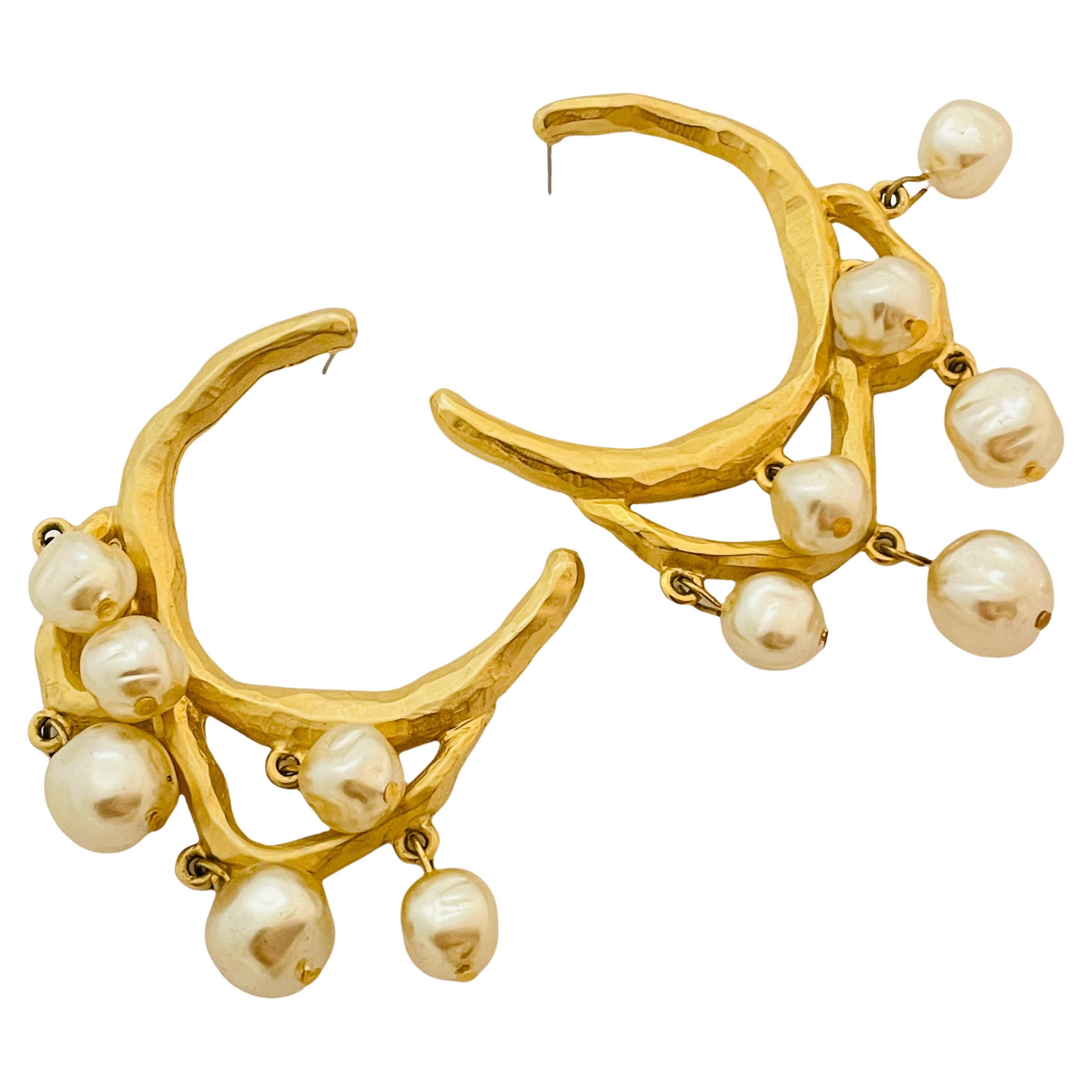 Vintage gold pearls dangle chandelier hoop designer runway earrings For Sale