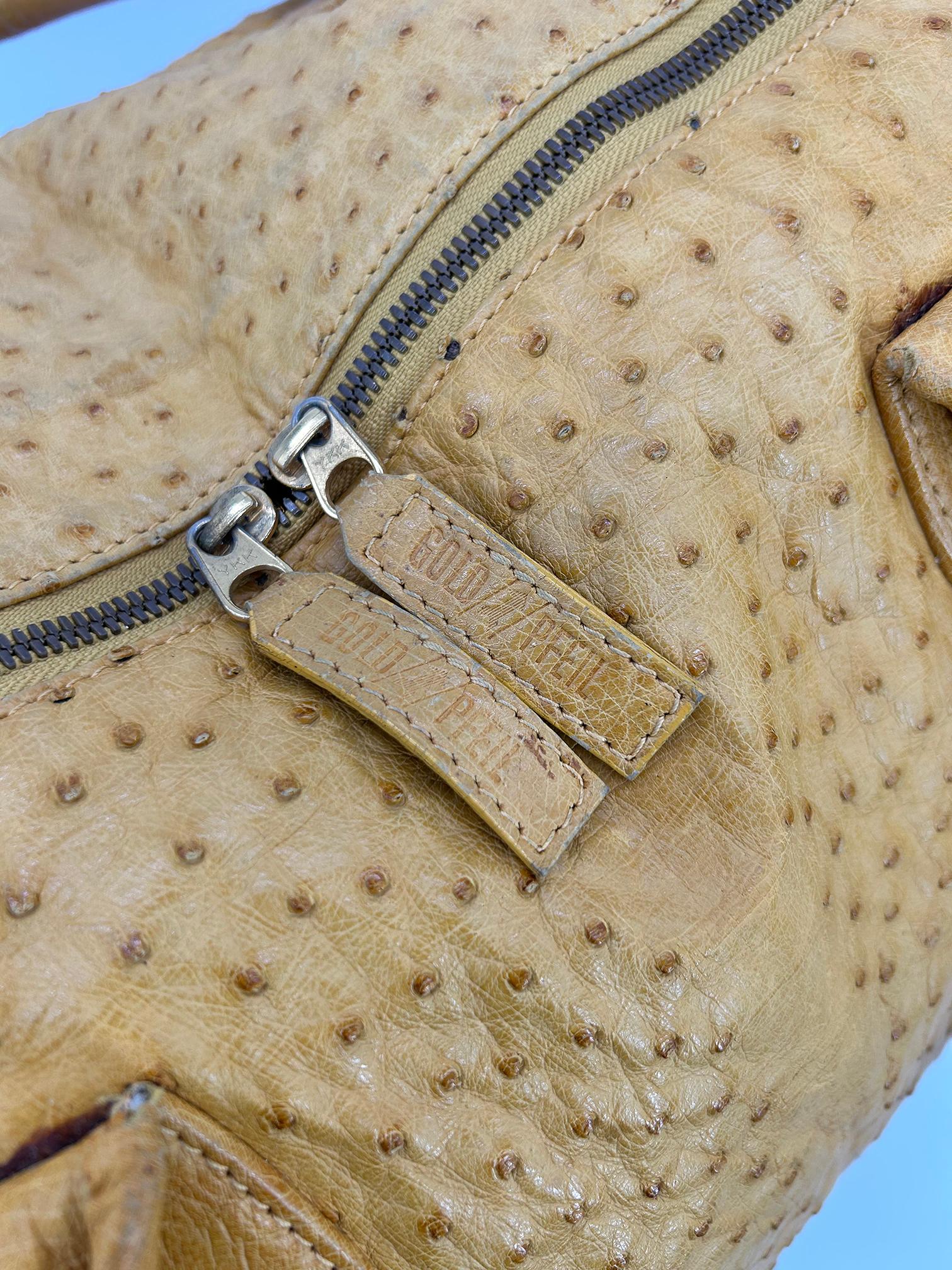 Vintage Gold Pfeil Mustard Tan Ostrich Leather Duffel Travel Bag Tote c1980s For Sale 6