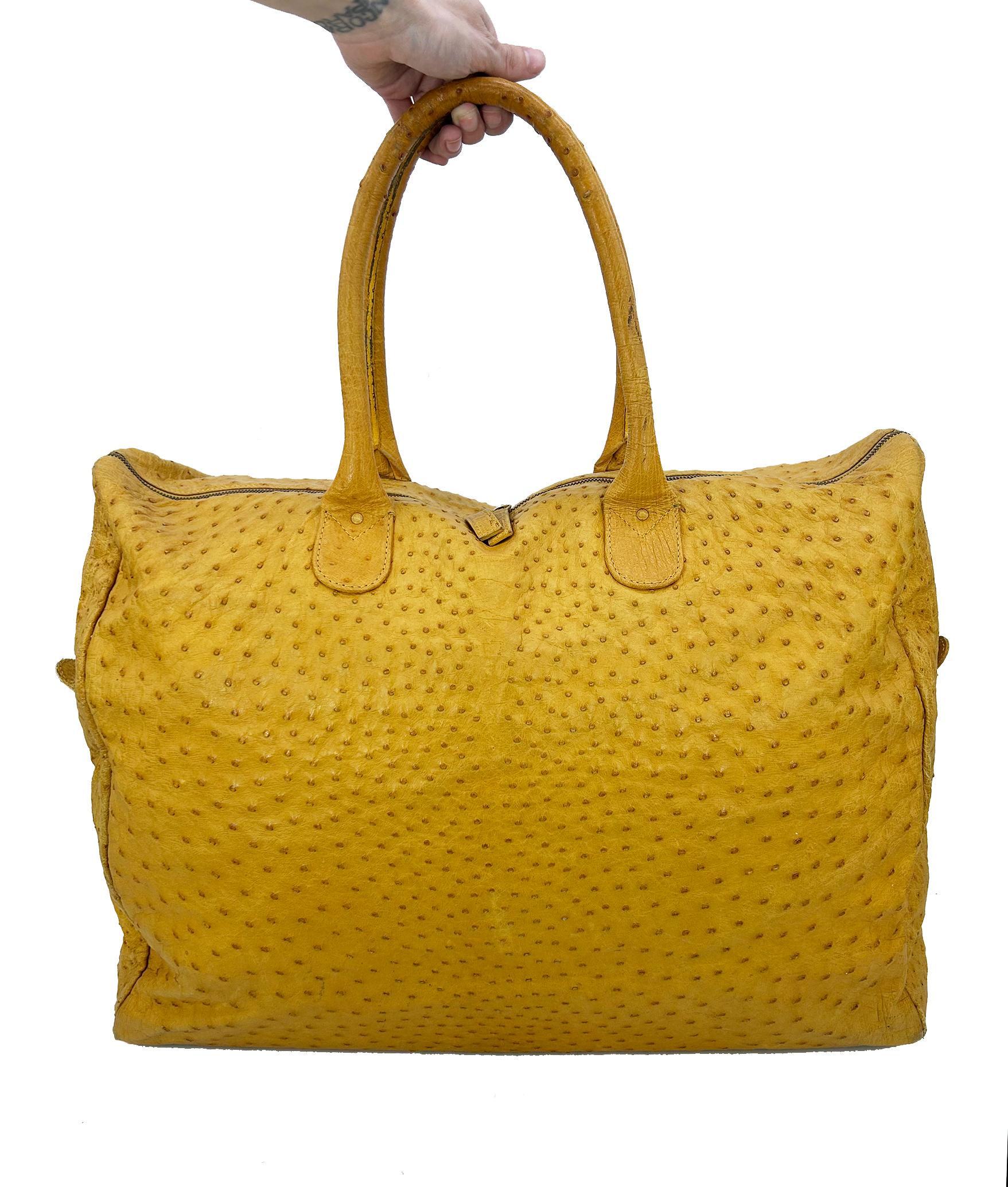 Vintage Gold Pfeil Mustard Tan Ostrich Leather Duffel Travel Bag Tote c1980s For Sale 7