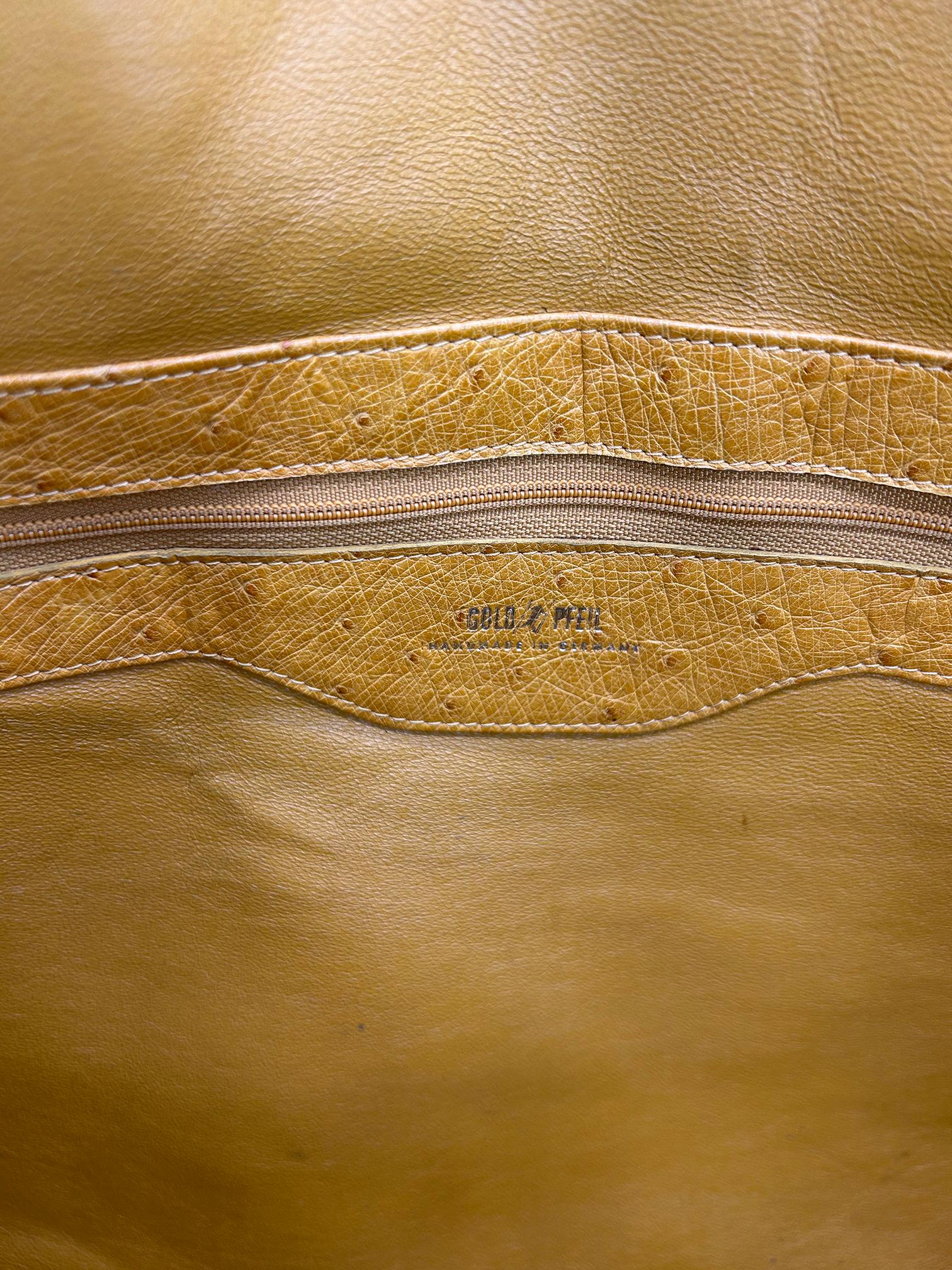 Vintage Gold Pfeil Mustard Tan Ostrich Leather Duffel Travel Bag Tote c1980s For Sale 8