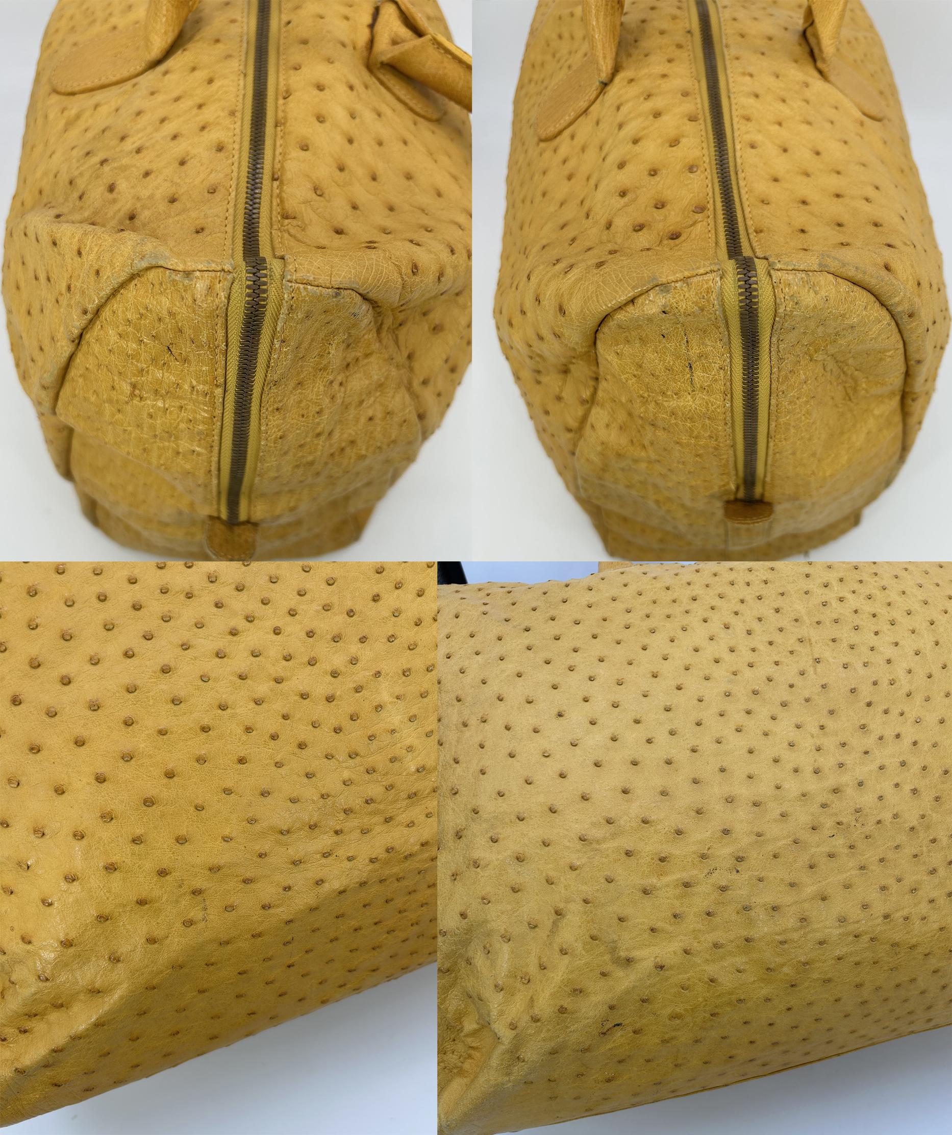 Vintage Gold Pfeil Mustard Tan Ostrich Leather Duffel Travel Bag Tote c1980s For Sale 13