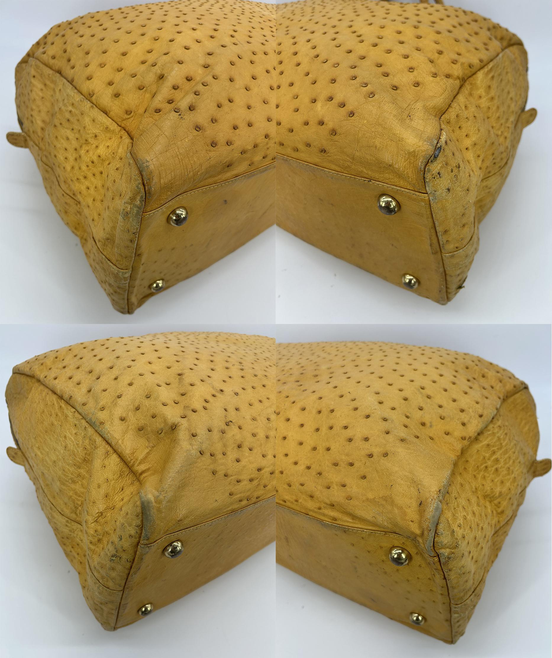 Vintage Gold Pfeil Mustard Tan Ostrich Leather Duffel Travel Bag Tote c1980s For Sale 14
