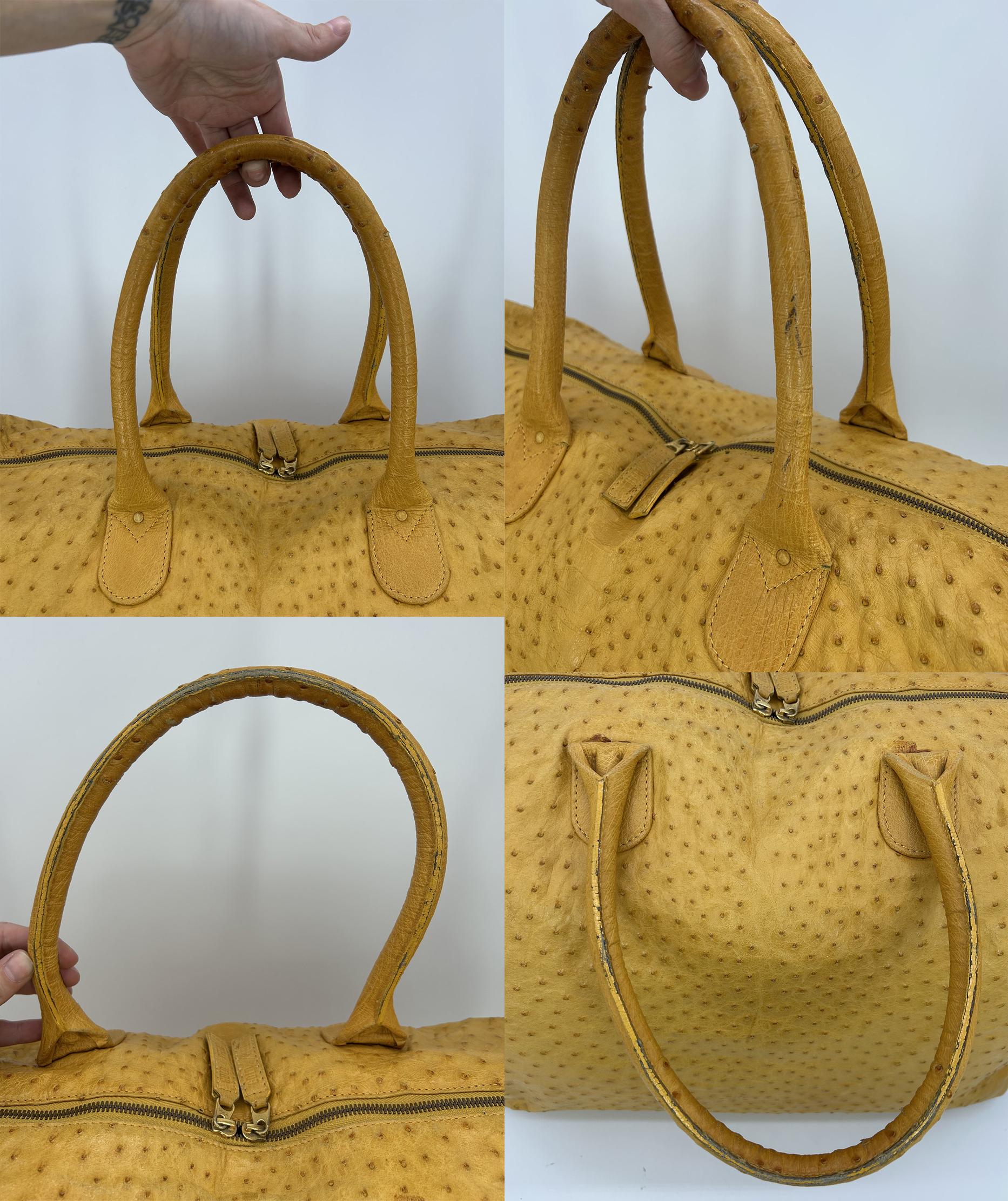 Vintage Gold Pfeil Mustard Tan Ostrich Leather Duffel Travel Bag Tote c1980s For Sale 15