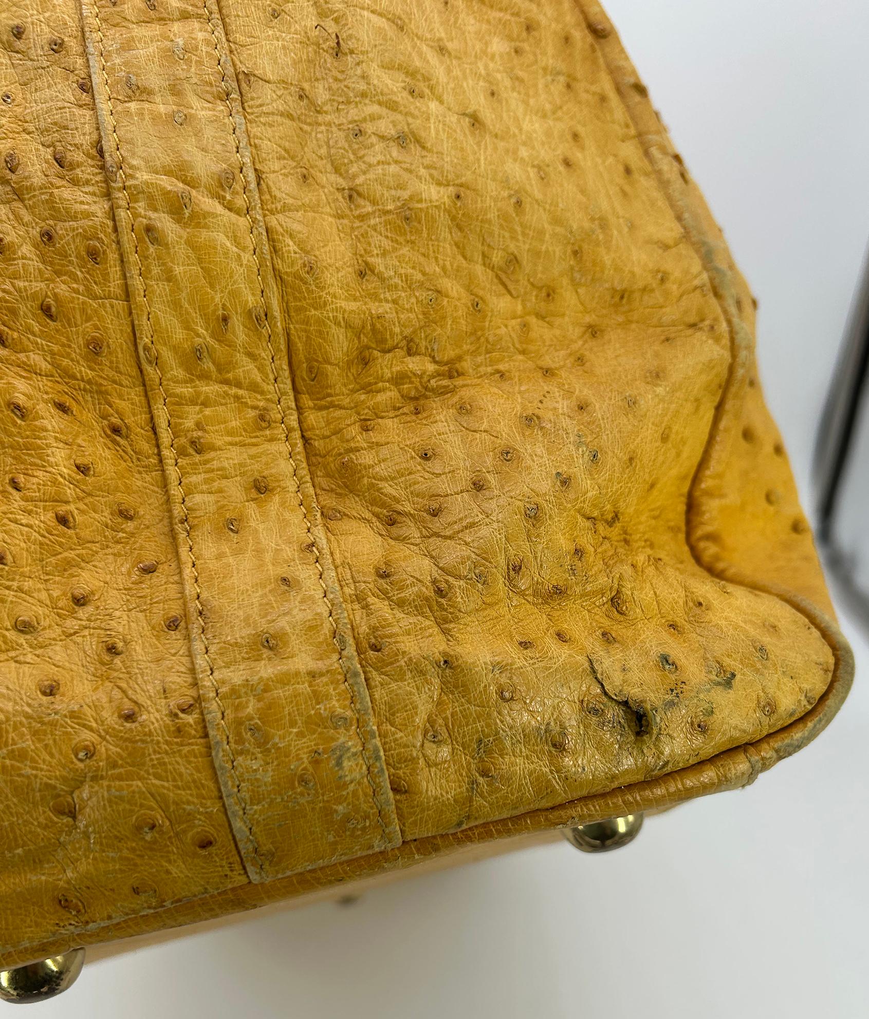 Vintage Gold Pfeil Mustard Tan Ostrich Leather Duffel Travel Bag Tote c1980s For Sale 4