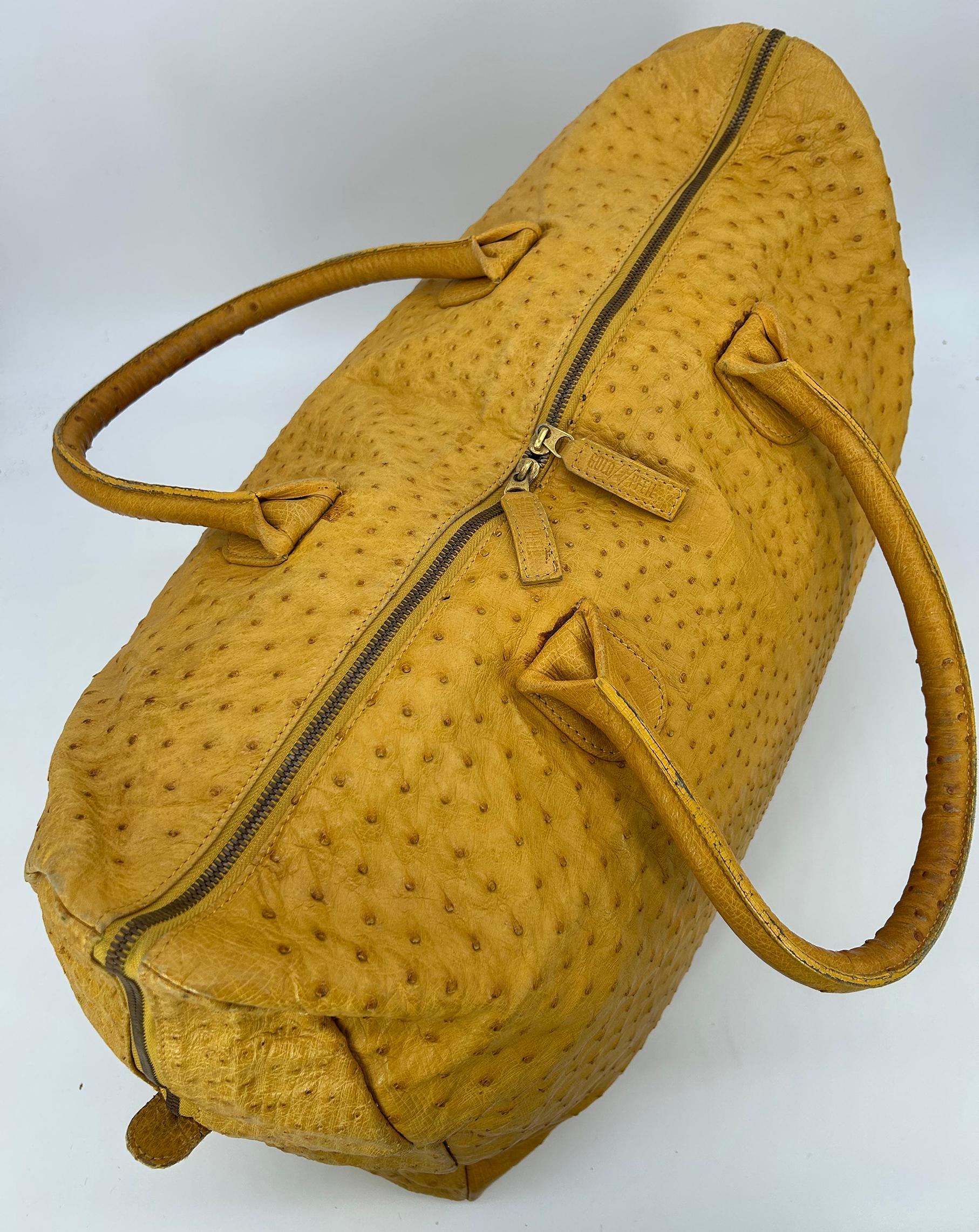 Vintage Gold Pfeil Mustard Tan Ostrich Leather Duffel Travel Bag Tote c1980s For Sale 5