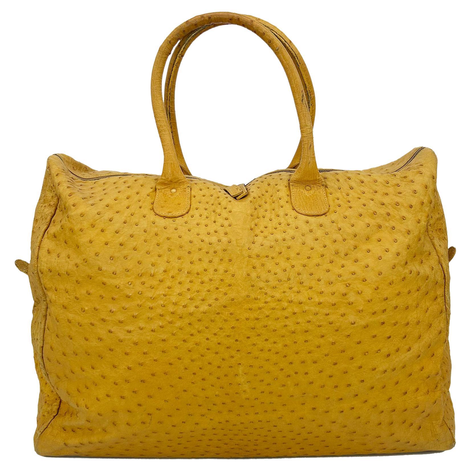 Vintage Gold Pfeil Mustard Tan Ostrich Leather Duffel Travel Bag Tote c1980s For Sale