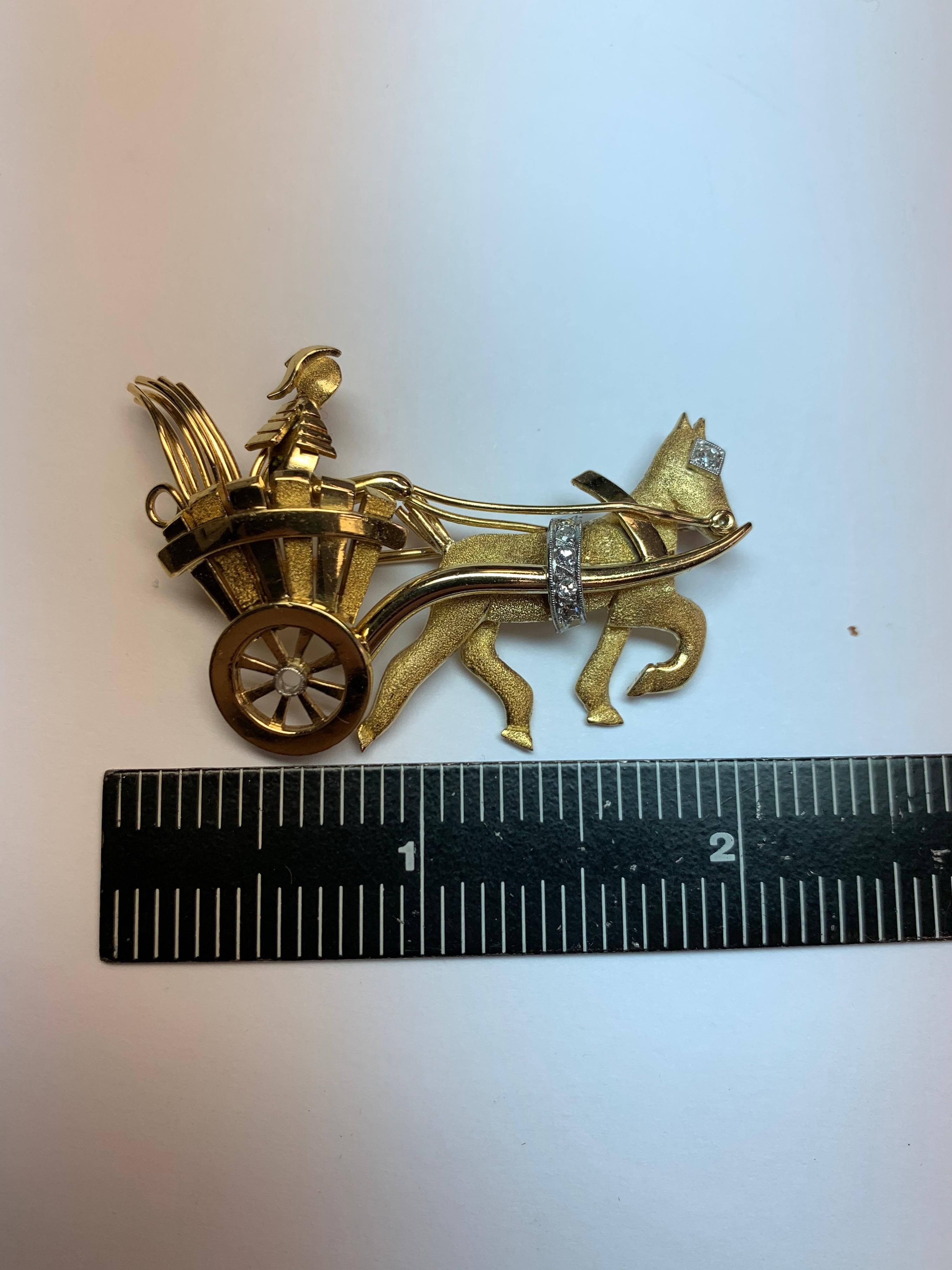 Retro Vintage Gold Pin 0.05 Carat Natural Diamond Roman Chariot Gem Stone, circa 1980 For Sale