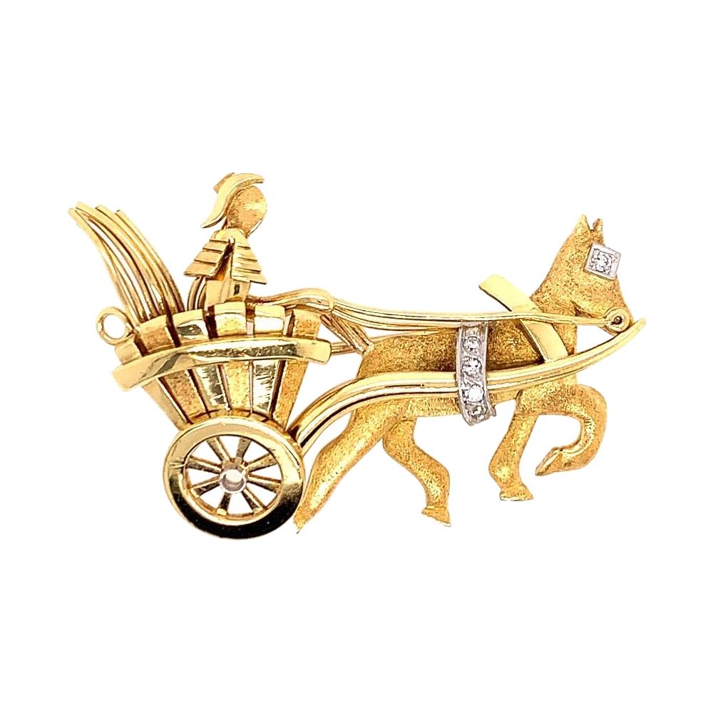 Vintage Gold Pin 0.05 Carat Natural Diamond Roman Chariot Gem Stone, circa 1980 For Sale