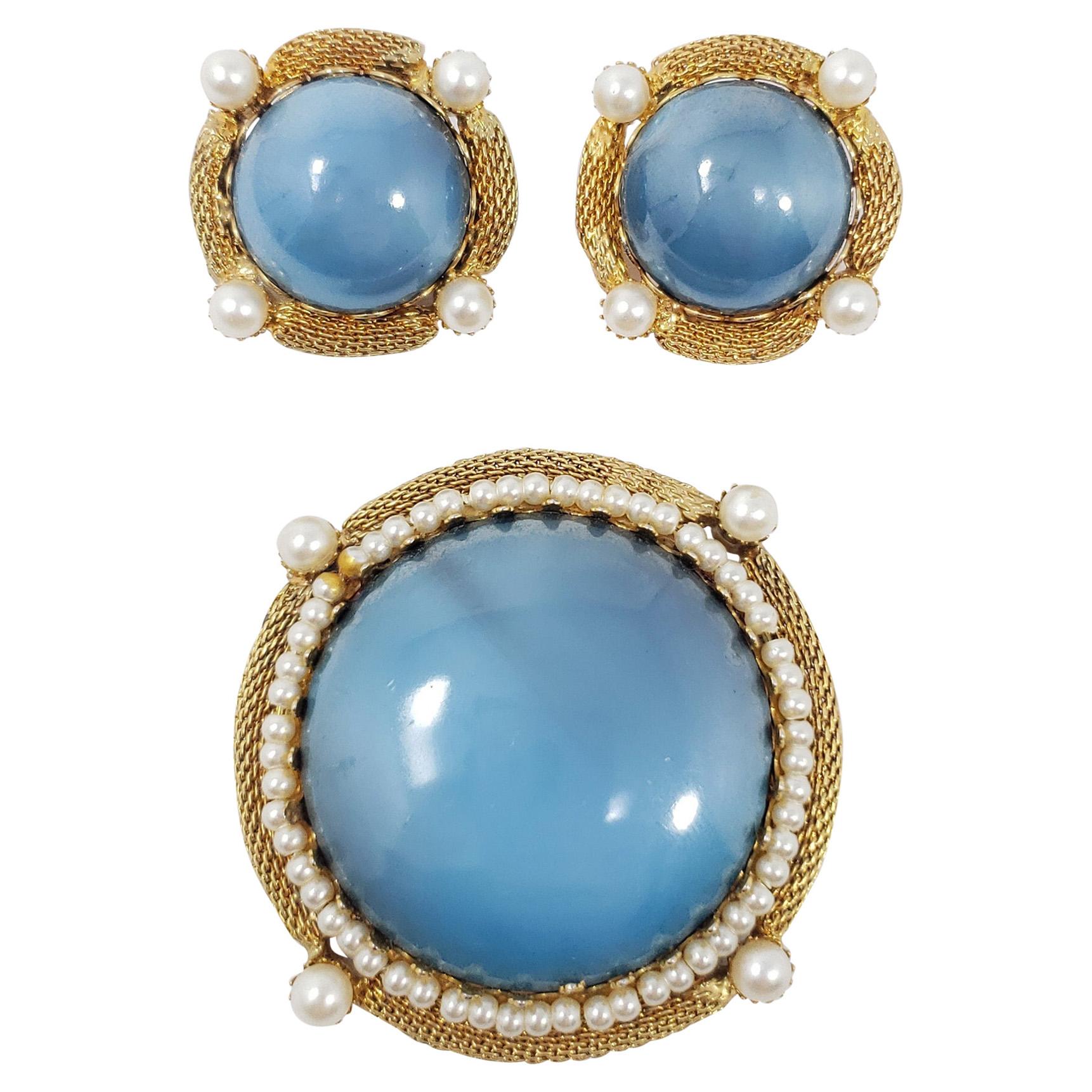 Vintage Gold Pin Brooch and Clip on Earrings Set, Faux Larimar Cabochons For Sale