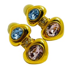 Vintage gold pink blue heart rhinestones designer clip on earrings