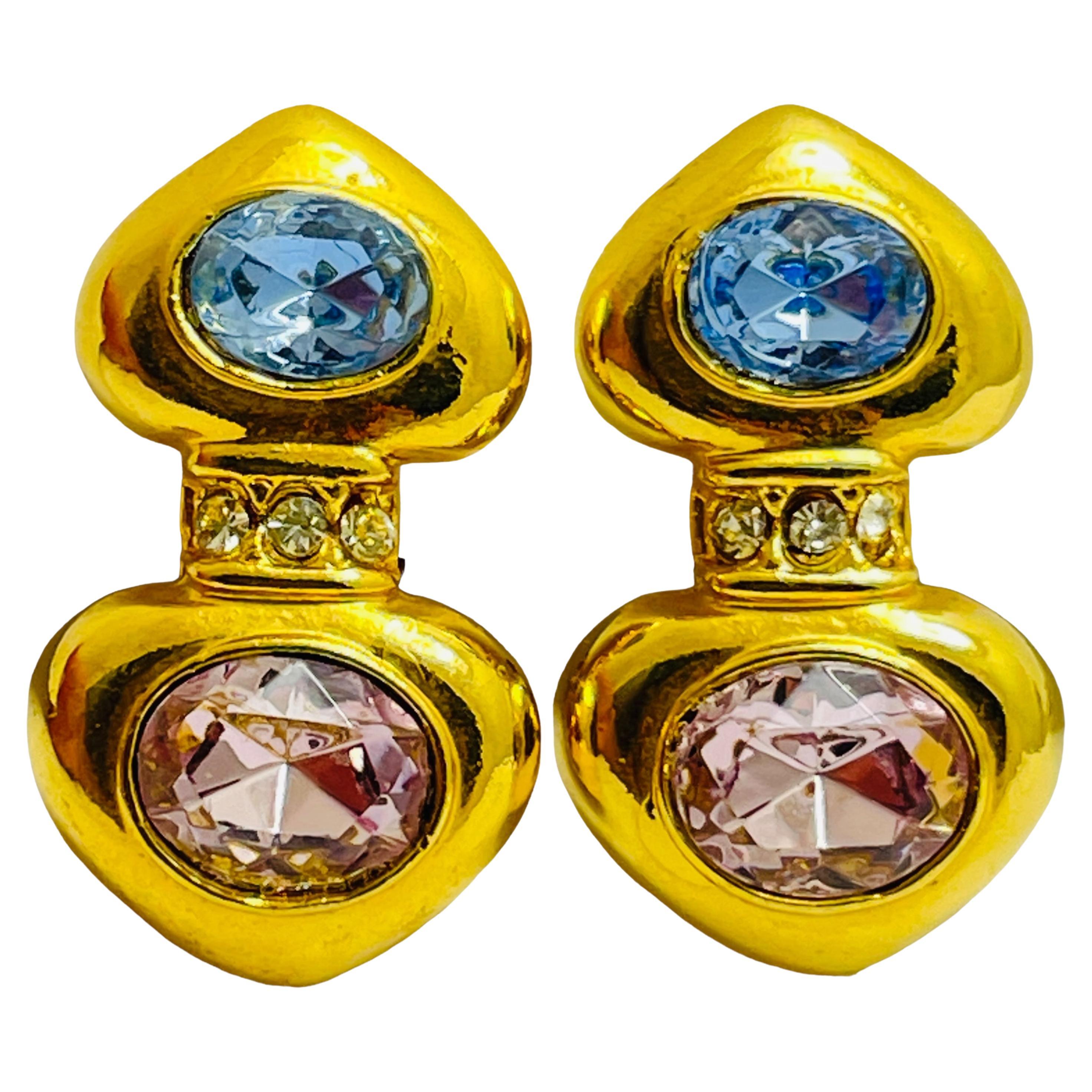 Vintage gold pink blue heart rhinestones designer clip on earrings
