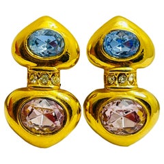 Vintage gold pink blue heart rhinestones designer clip on earrings