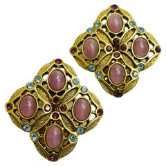 Vintage gold pink blue maltese cross clip on earrings