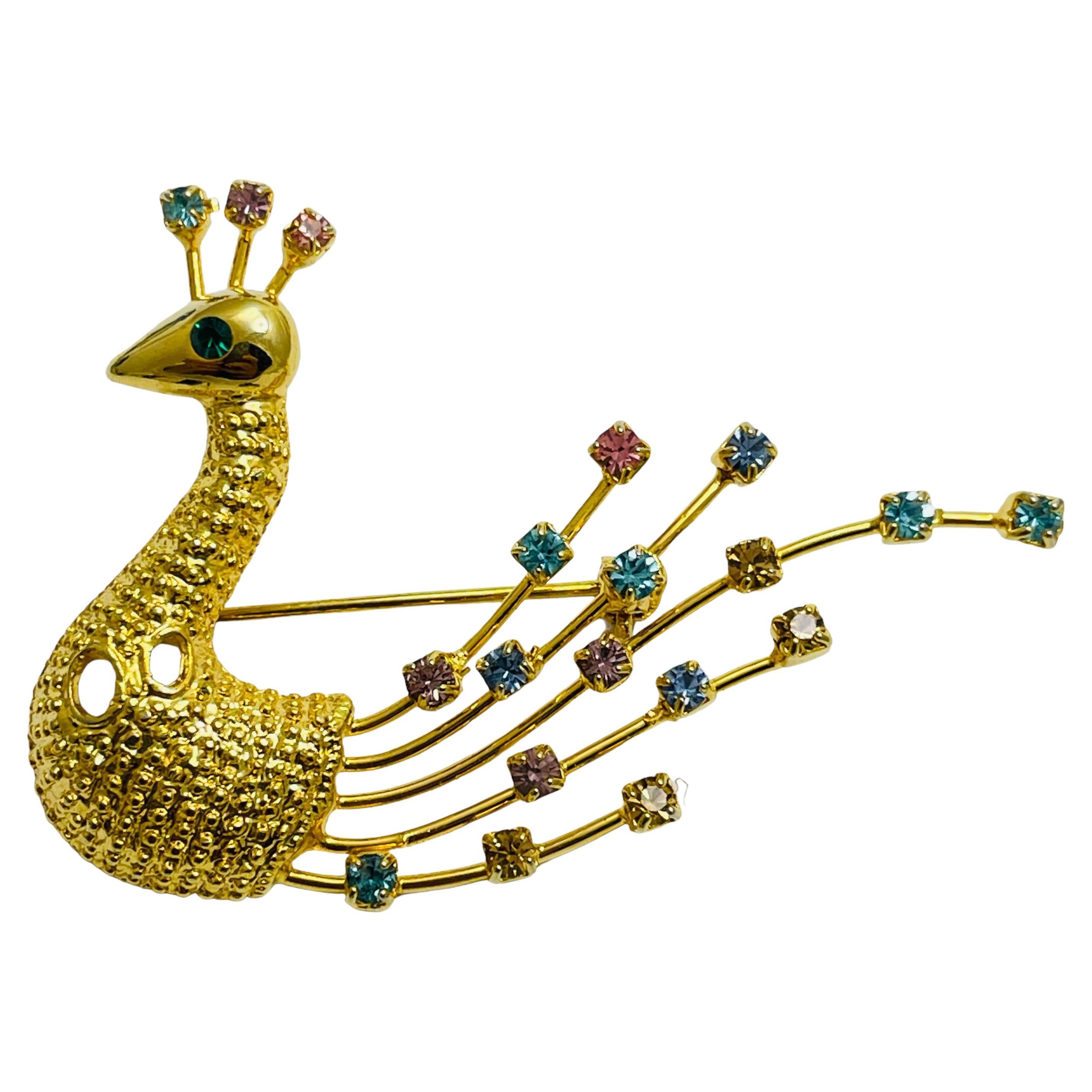 Vintage gold pink blue rhinestone peacock designer brooch For Sale