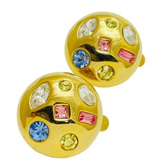 Vintage gold pink blue rhinestones designer clip on earrings