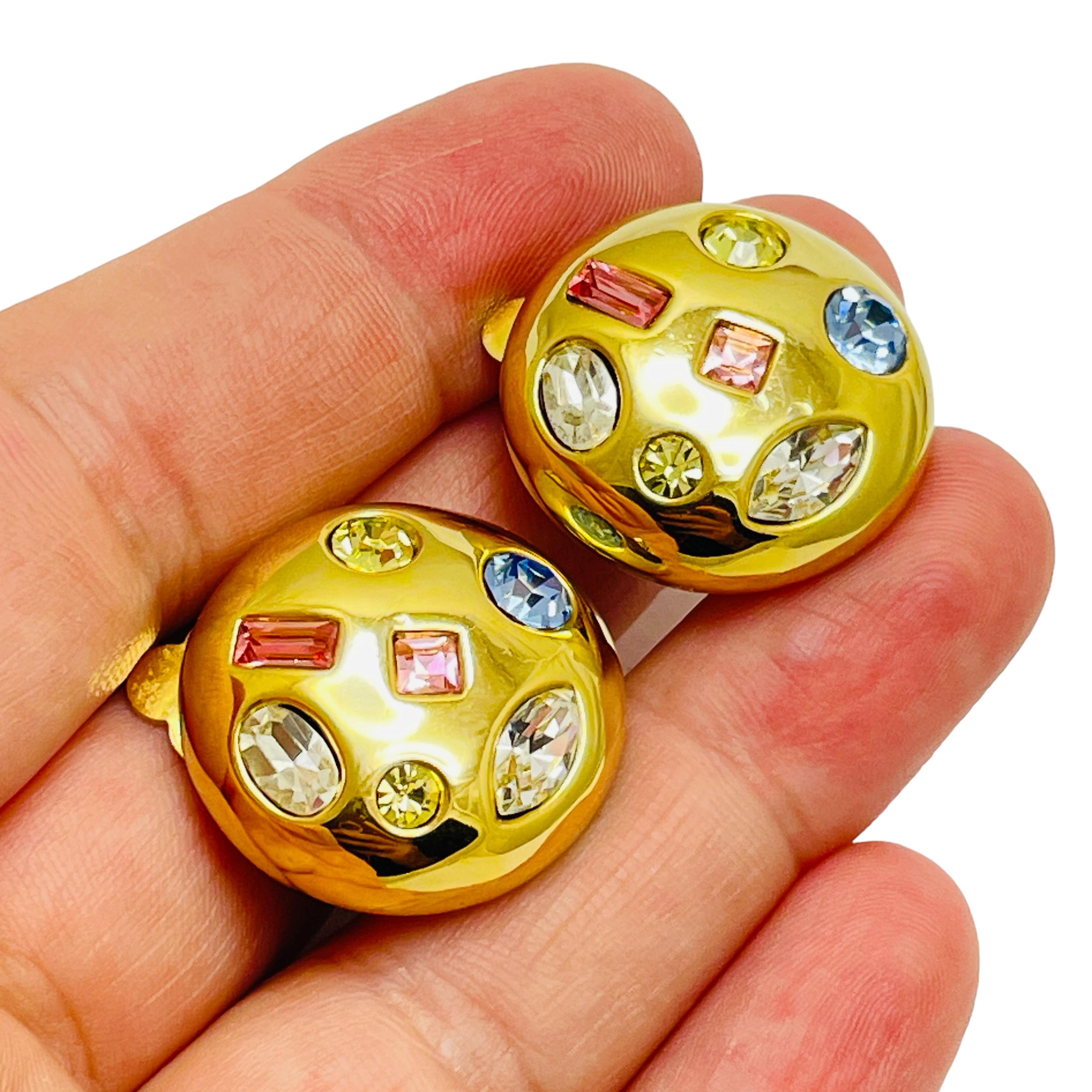 Women's Vintage gold pink blue rhinestones designer clip on earrings For Sale