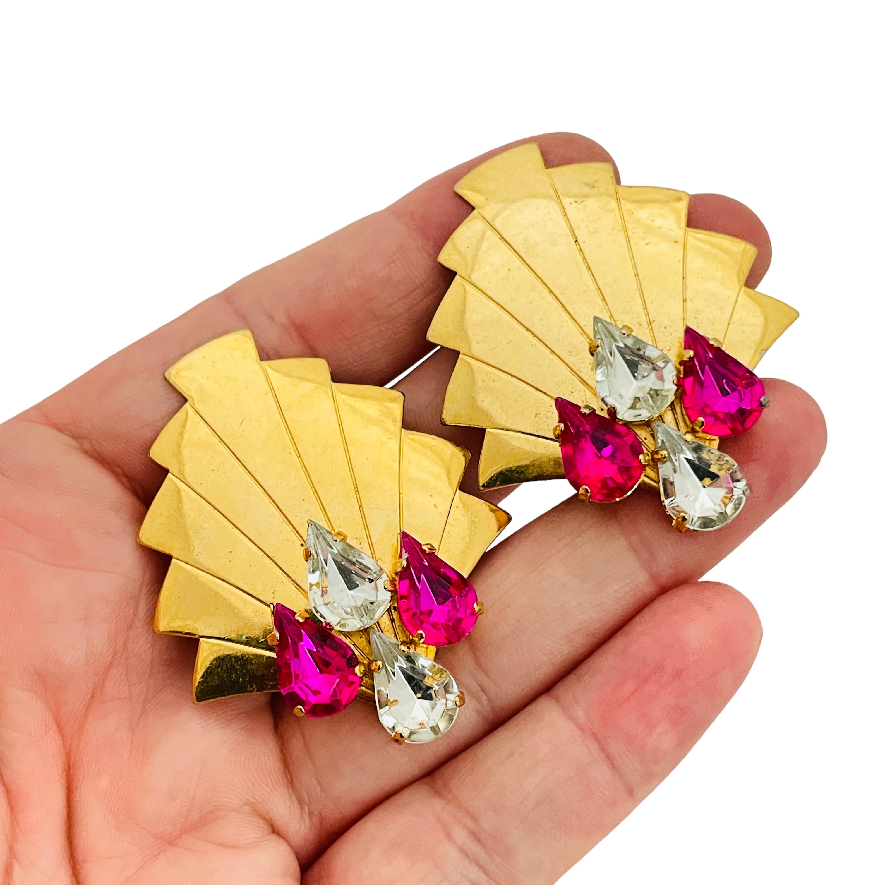 Women's or Men's Vintage gold pink clear rhinestone designer runway clip on earrings For Sale