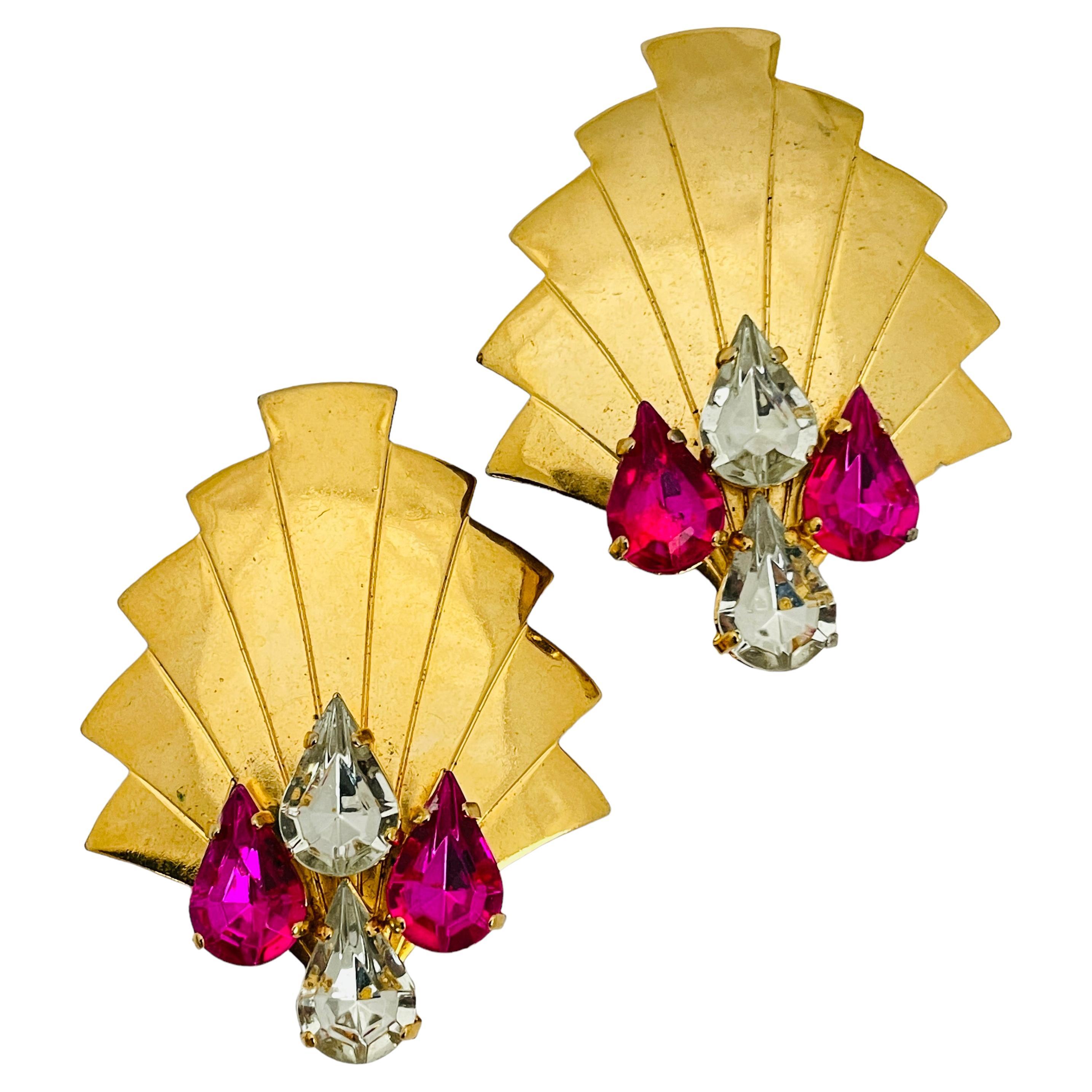 Vintage gold pink clear rhinestone designer runway clip on earrings For Sale