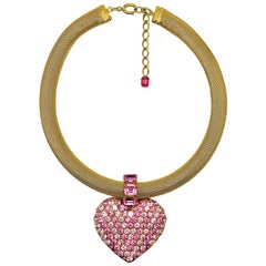 Vintage Gold & Pink Crystal Statement Heart Collar 1970s