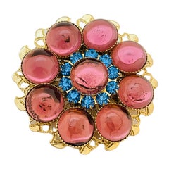 Vintage gold pink flower designer runway brooch