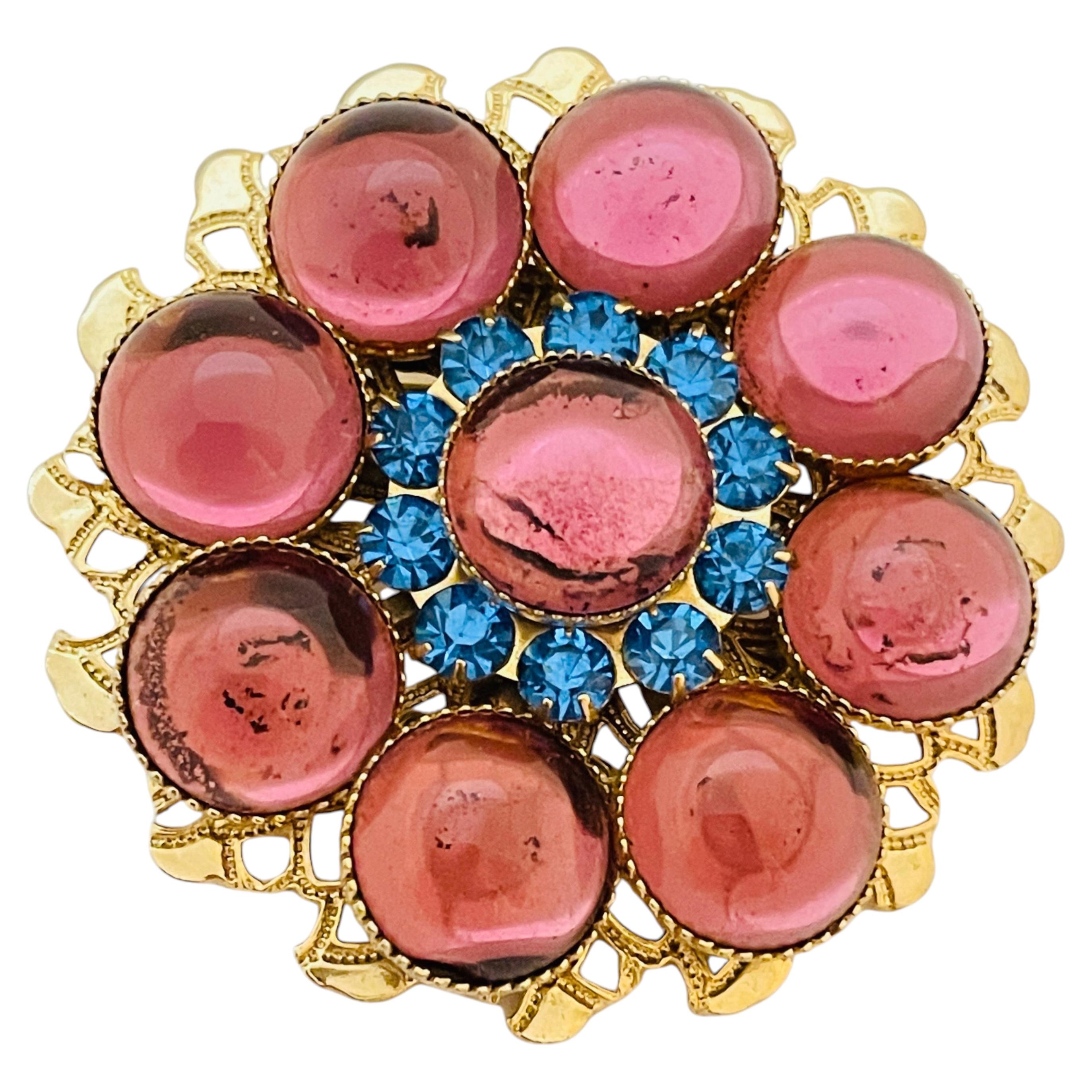 Vintage gold pink flower designer runway brooch