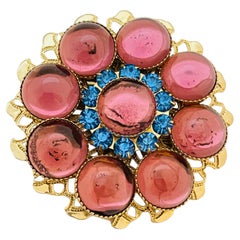 Vintage gold pink flower designer runway brooch