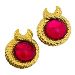 Vintage gold pink glass clip on designer runway earrings