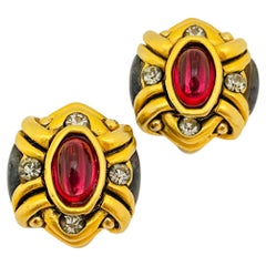 Vintage gold pink glass massive designer runway clip on earrings