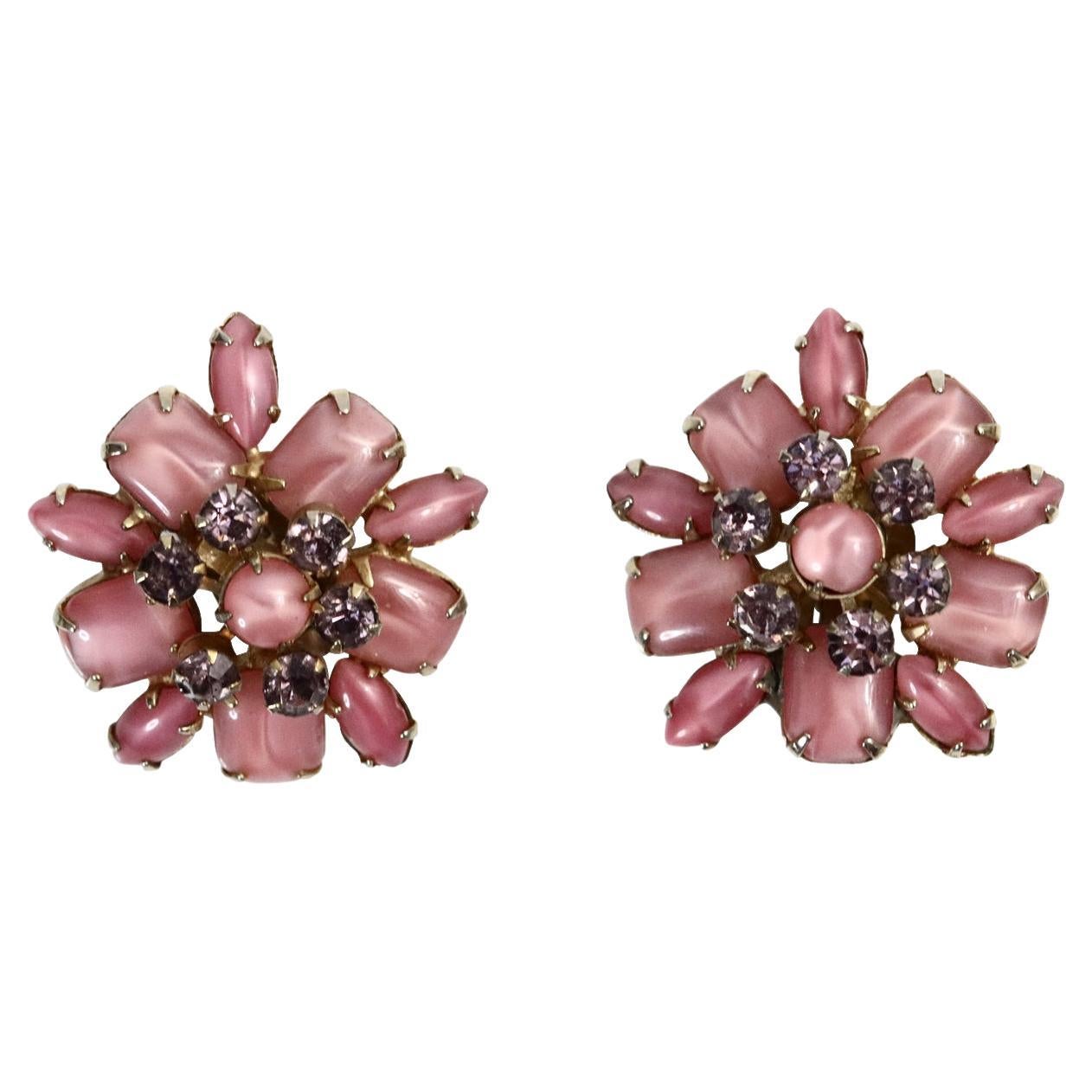Vintage Gold Pink Opalescent Stones with Grey Diamante Earrings Circa 1960s