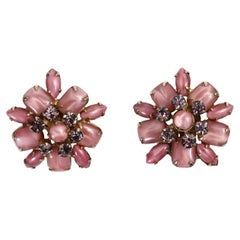 Vintage Gold Pink Opalescent Stones with Grey Diamante Earrings, circa 1960s