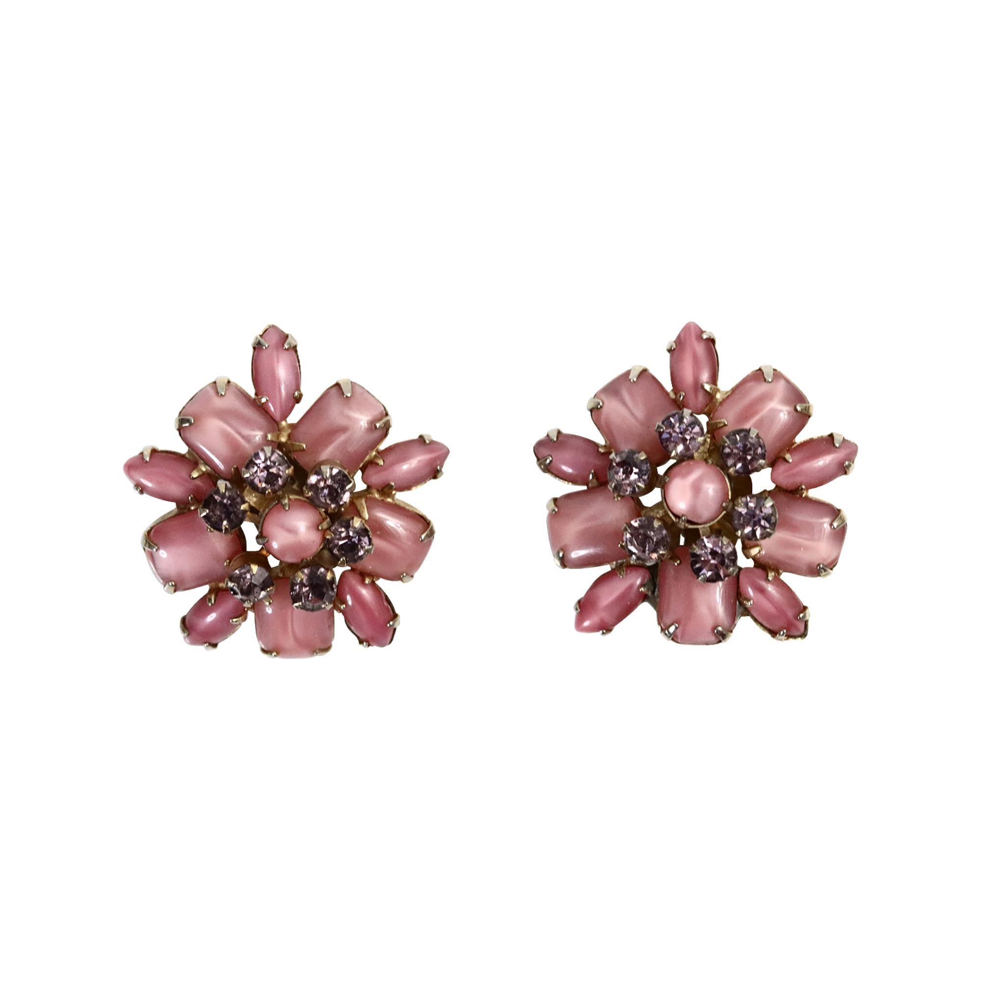 Vintage Gold Pink Opalescent Stones with Gray Diamante Earrings Circa 1960s. A beautiful pair of earrings with emerald and marquis cuts with a round shape of darker gray diamante on top in the middle. Classy forever earrings.  Another pair that is