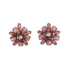 Vintage Gold Clip-On Earrings with Pink Stones & Gray Diamante, 1960s