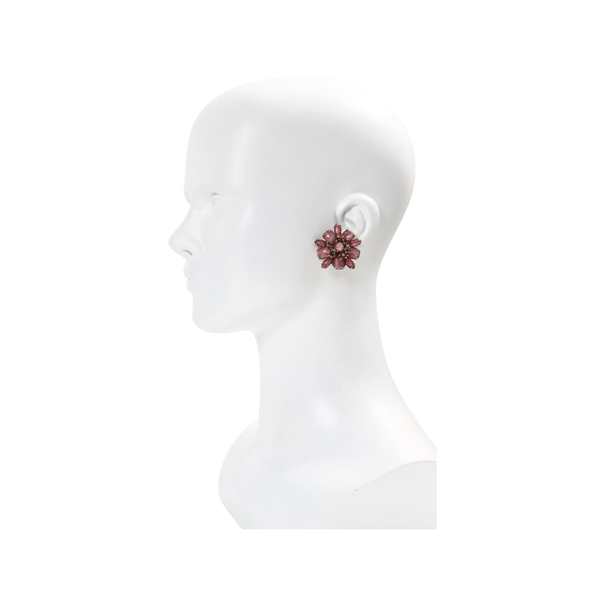 Modern Vintage Gold Pink Opalescent Stones with Grey Diamante Earrings Circa 1960s For Sale