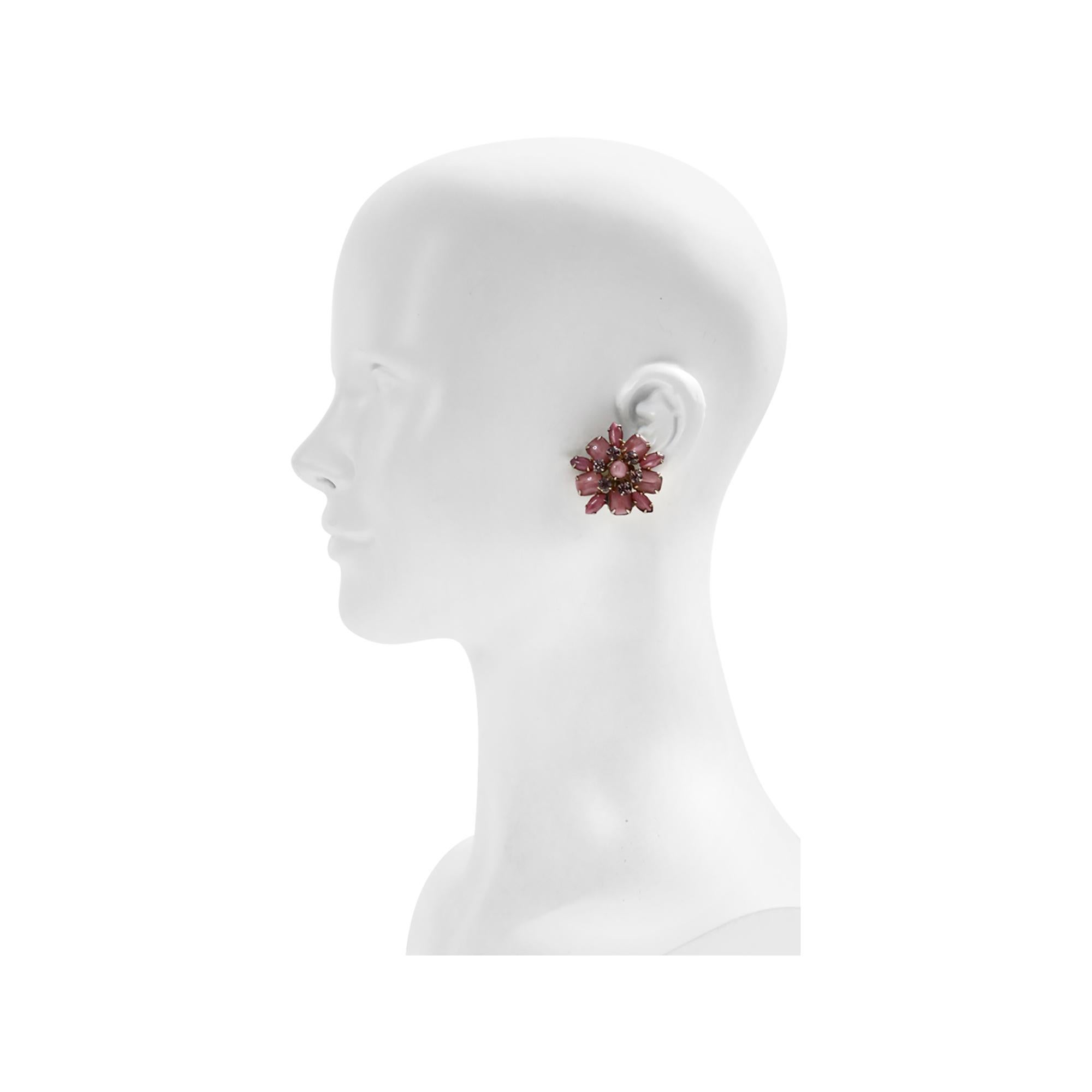 Vintage Gold Pink Opalescent Stones with Grey Diamante Earrings Circa 1960s In Good Condition For Sale In New York, NY