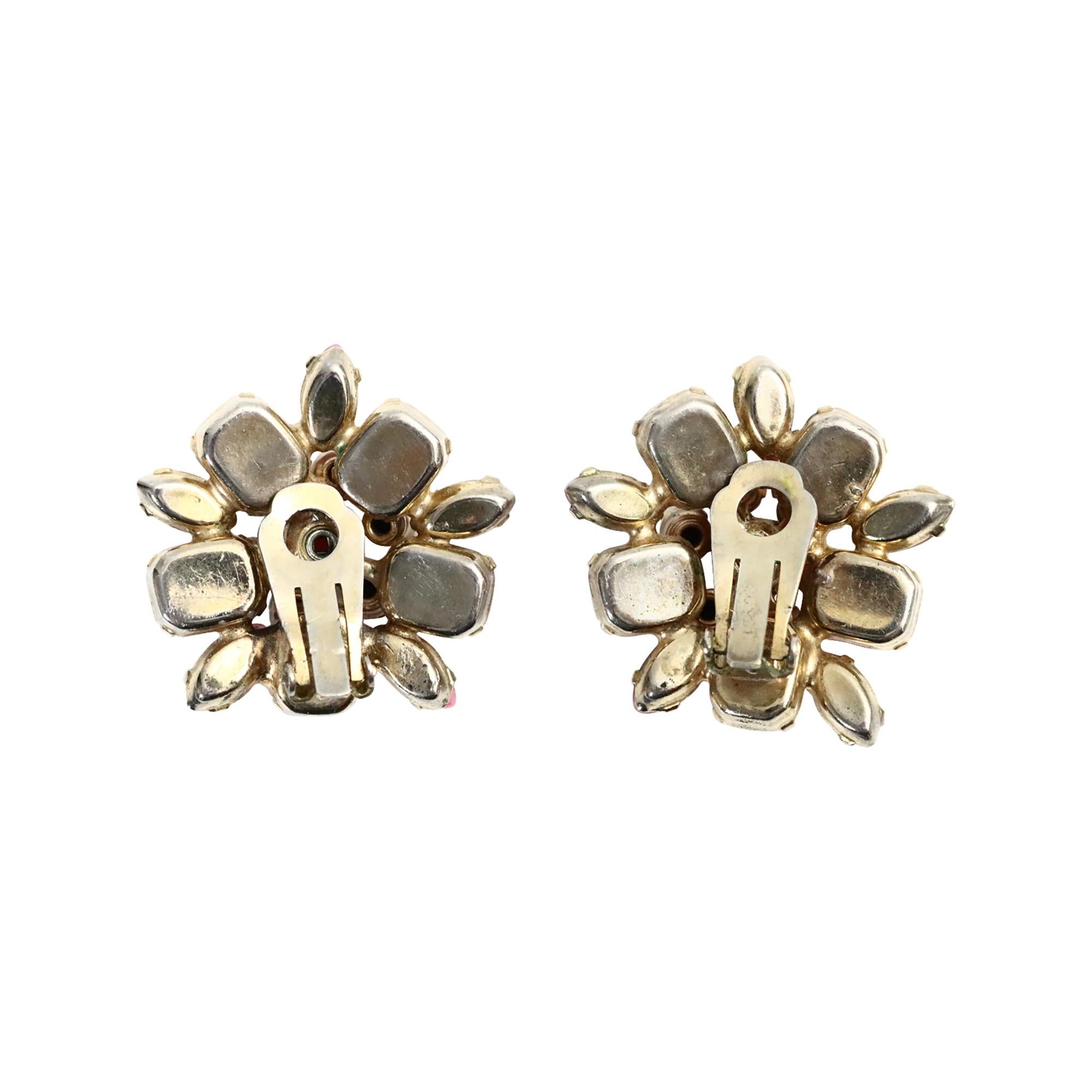 Women's or Men's Vintage Gold Pink Opalescent Stones with Grey Diamante Earrings Circa 1960s For Sale