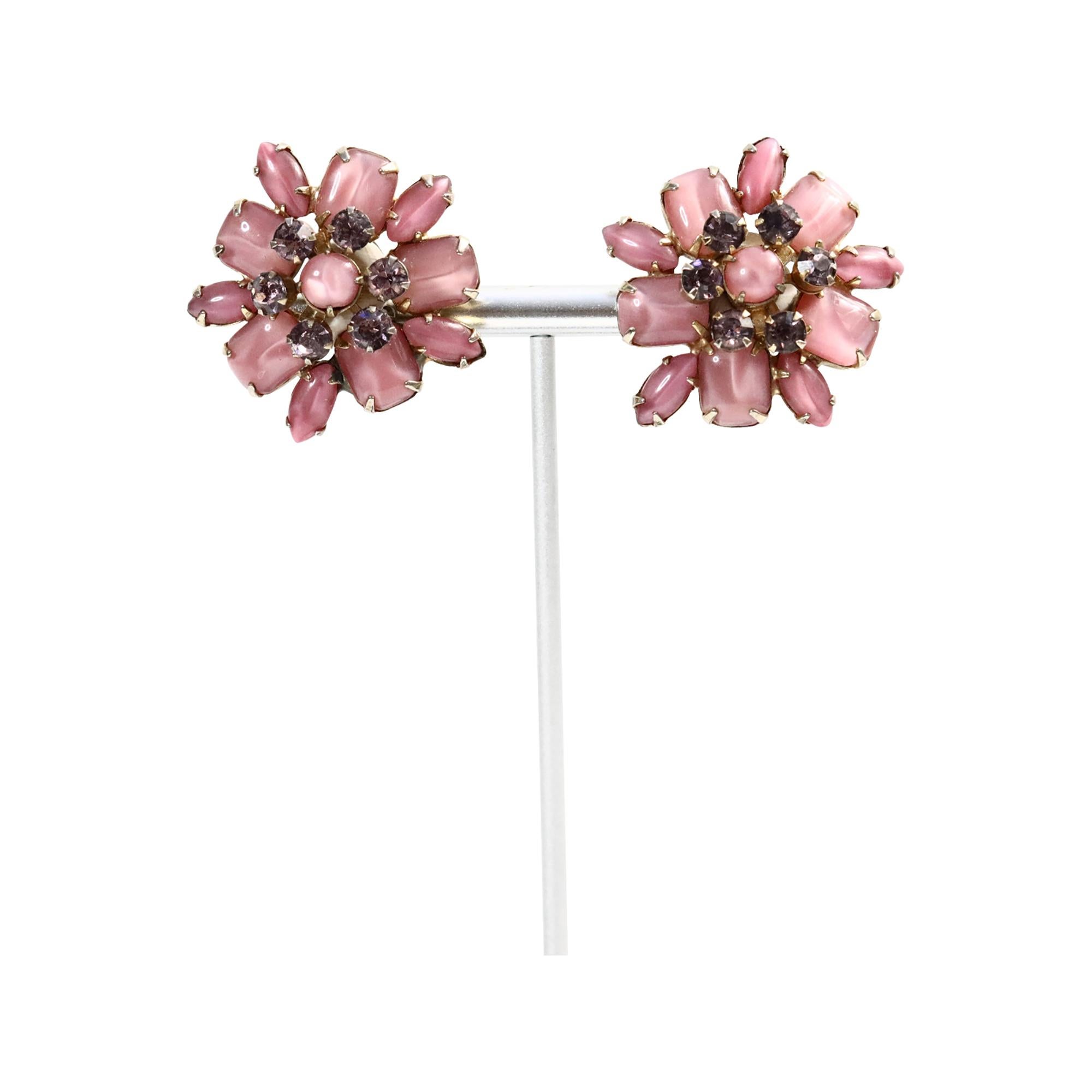 Vintage Gold Pink Opalescent Stones with Grey Diamante Earrings Circa 1960s For Sale 1