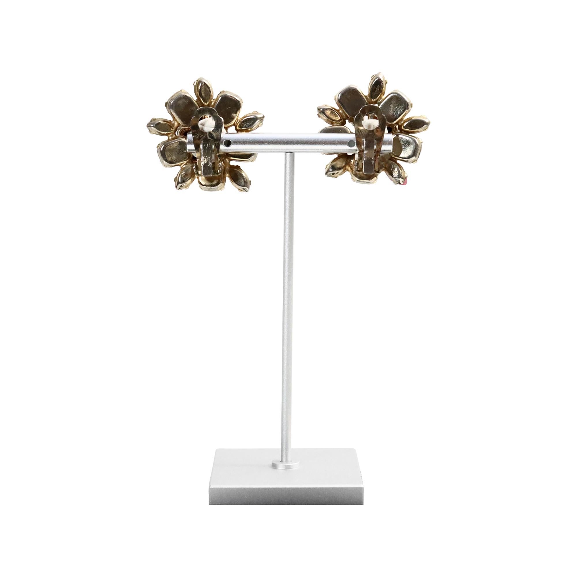 Vintage Gold Pink Opalescent Stones with Grey Diamante Earrings Circa 1960s For Sale 3