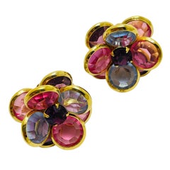 Vintage gold pink purple crystal designer clip on earrings