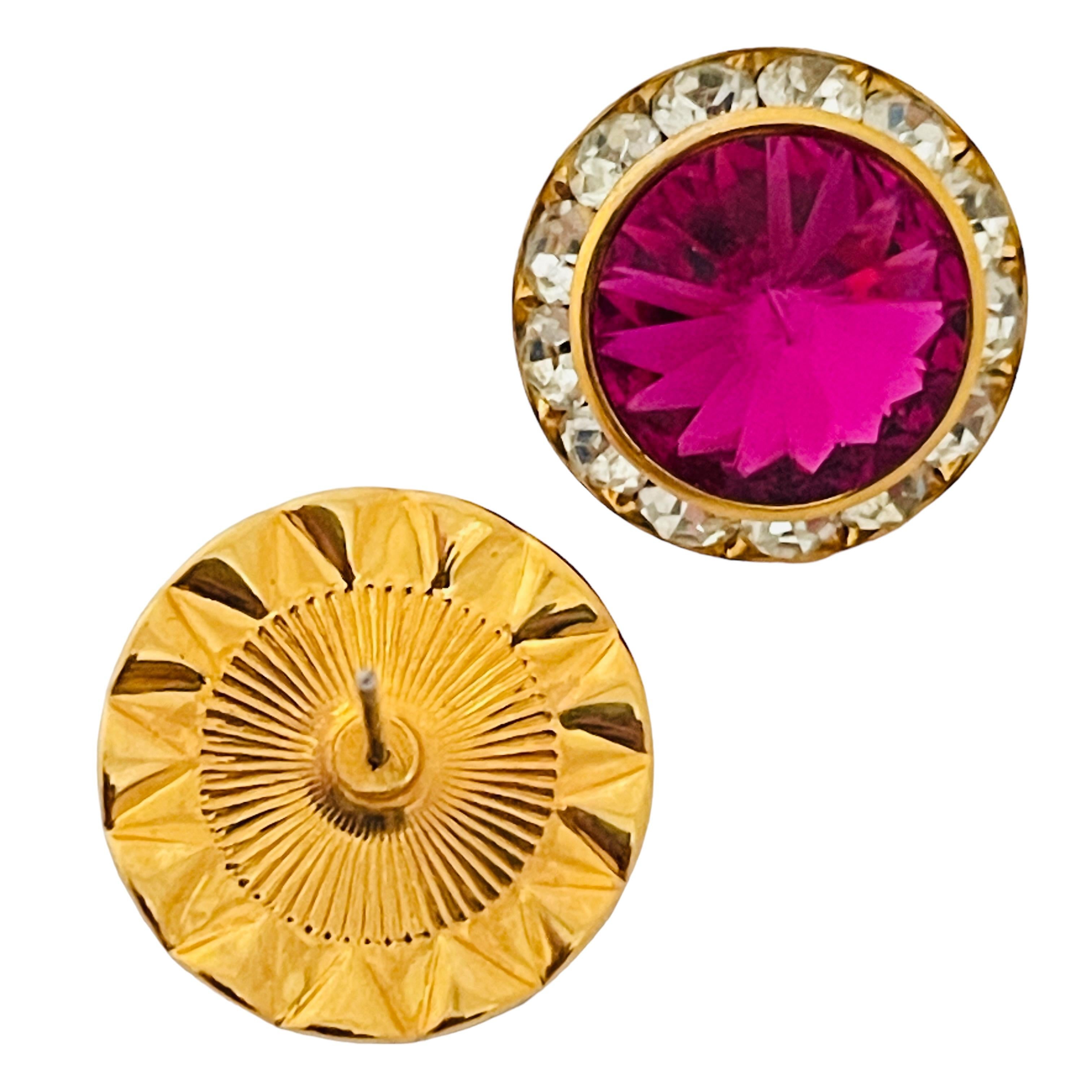 Vintage gold pink rivioli glass clear rhinestones designer earrings In Good Condition For Sale In Palos Hills, IL