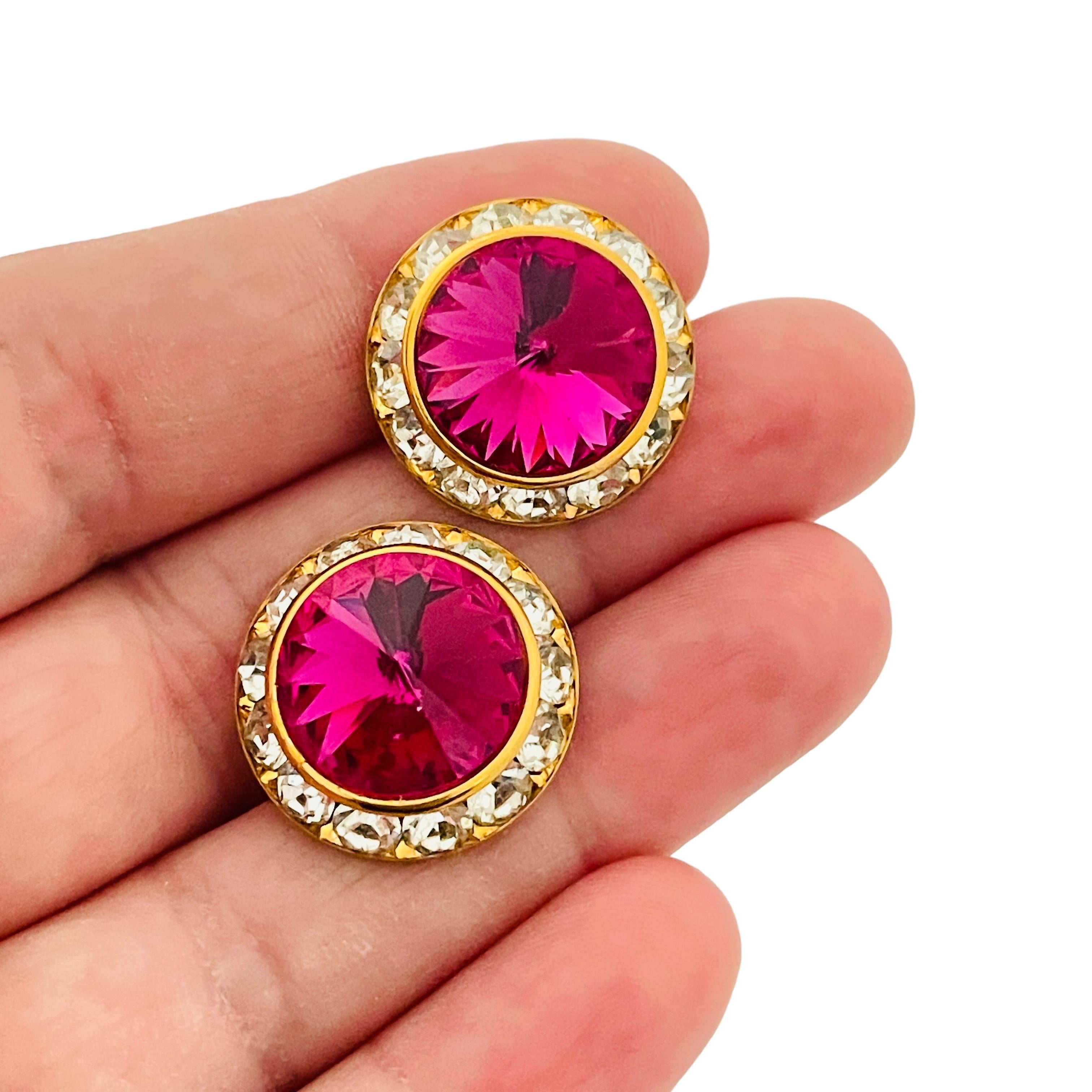 Women's Vintage gold pink rivioli glass clear rhinestones designer earrings For Sale