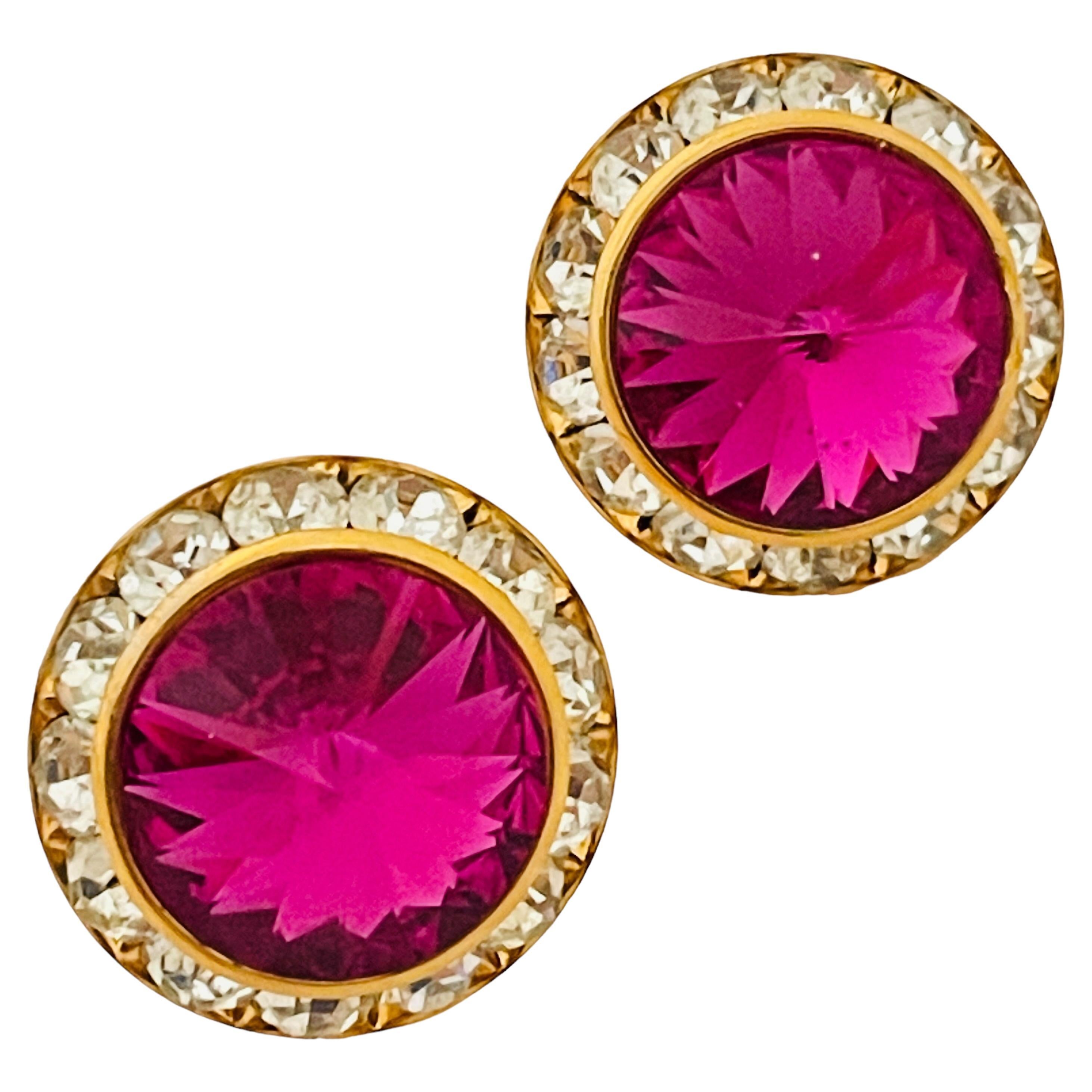 Vintage gold pink rivioli glass clear rhinestones designer earrings For Sale