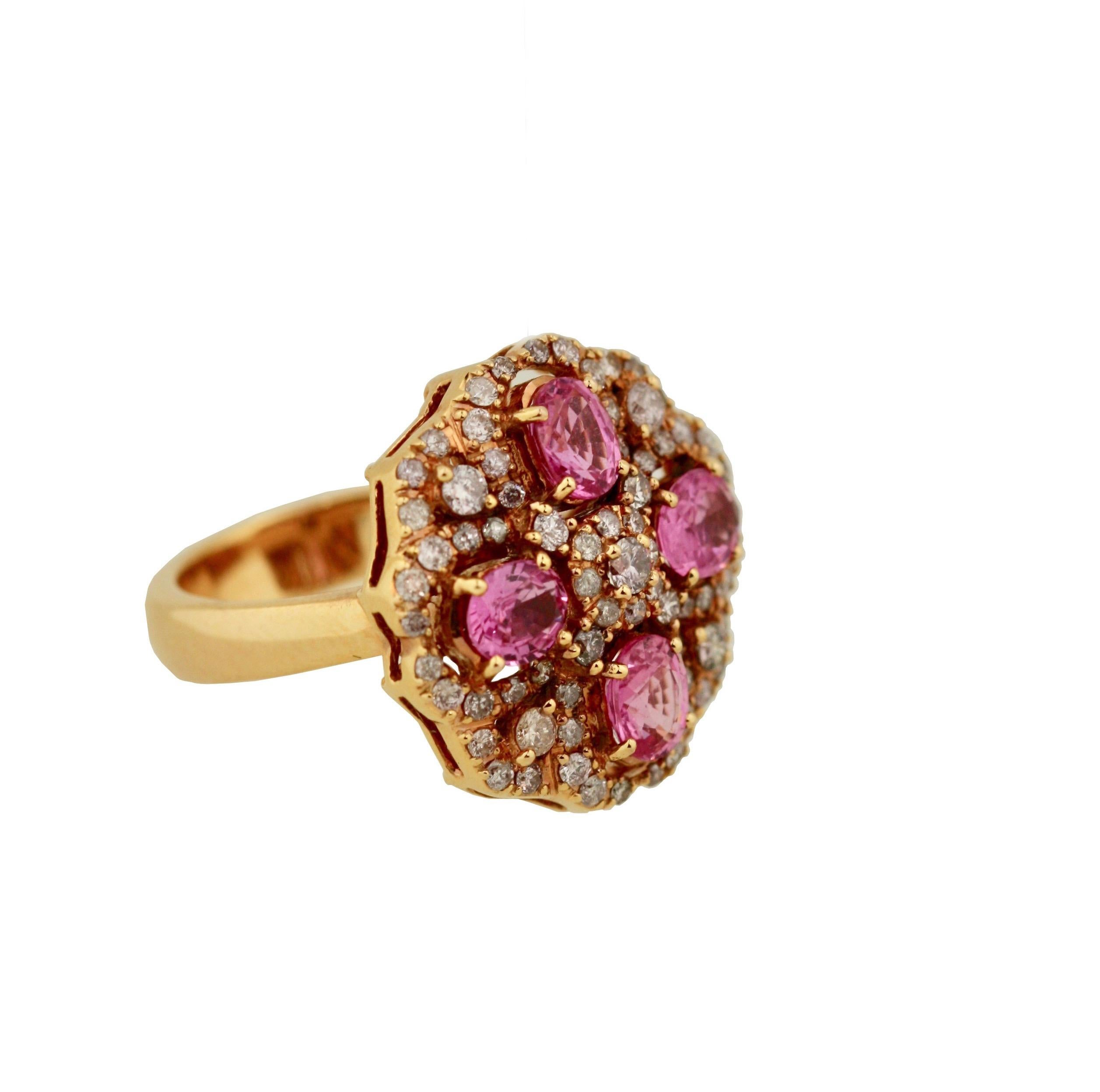 Vintage Gold, Pink Sapphire and Diamond Ring, 
diamonds weighing approximately 1.0 cts, 
pink sapphires weighing approx. 2.61 cts
mounted in 18kt yellow gold 
11.9 grams (gross) 
size 6 1/2 