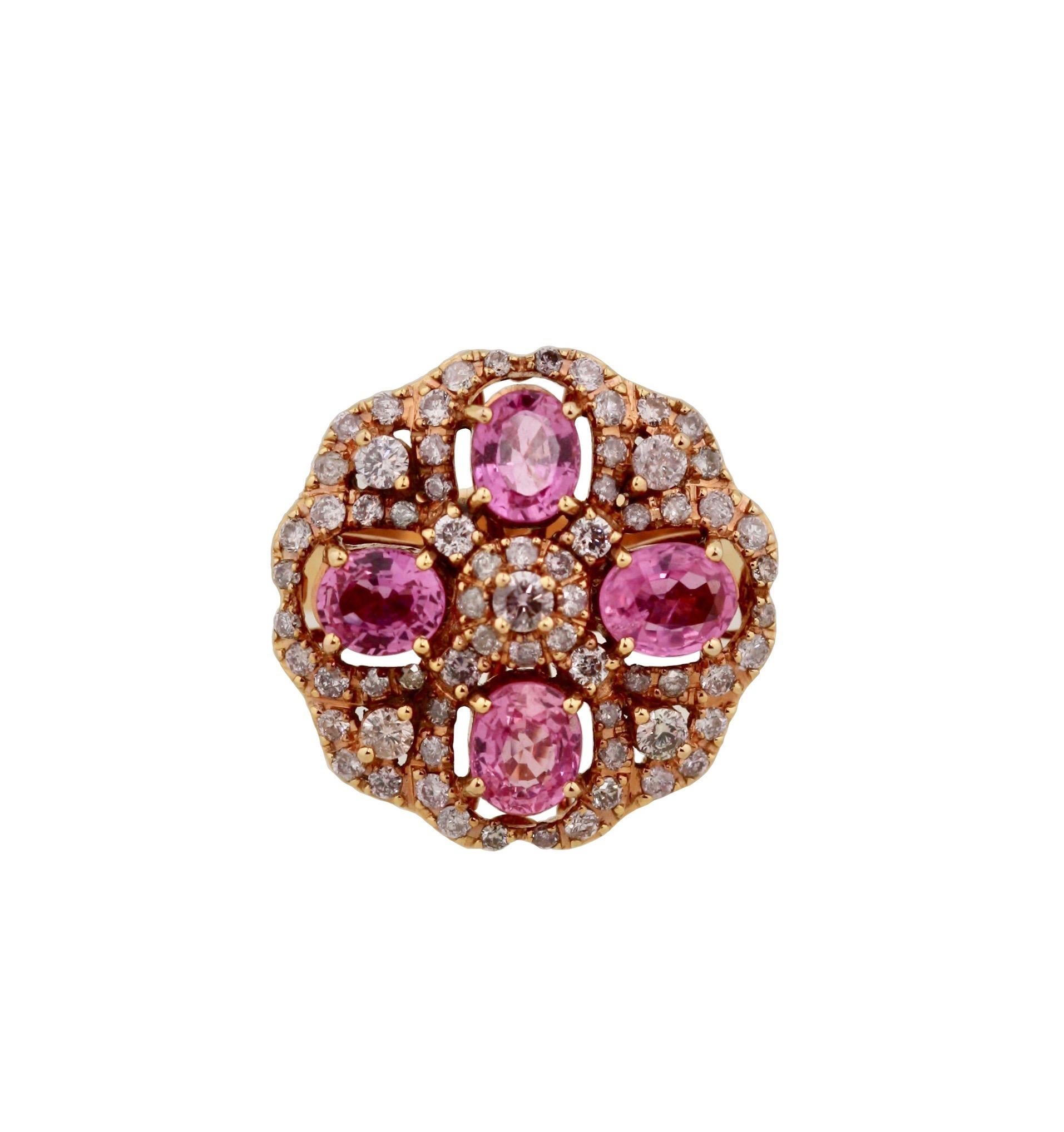 Women's or Men's Vintage Gold, Pink Sapphire and Diamond Ring