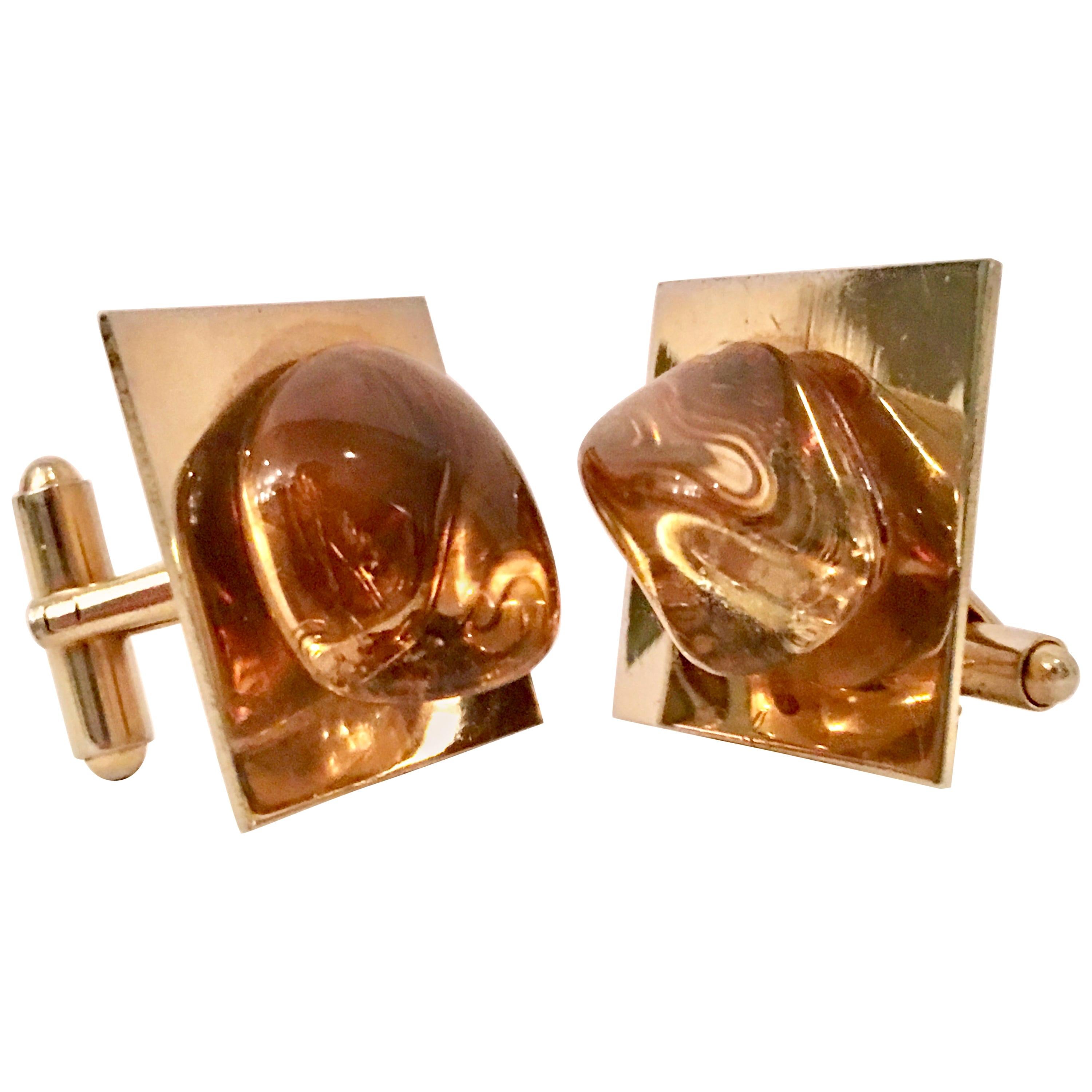 20th Century Gold Plate & Amber Glass Cufflinks For Sale