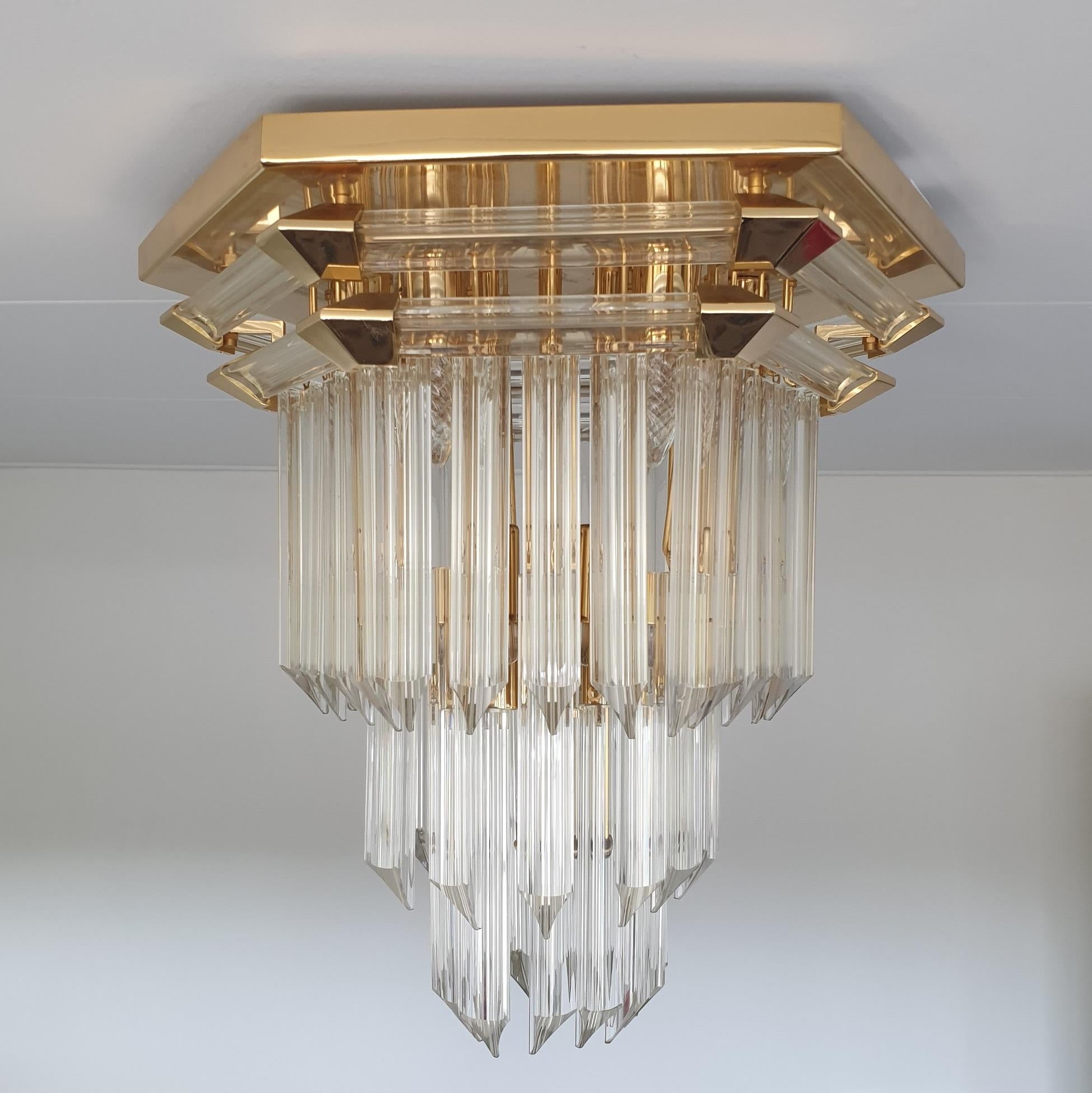 Hollywood Regency Vintage Gold-Plated and Crystal Glass Ceiling Lamp by Bakalowits & Söhne, 1970s For Sale