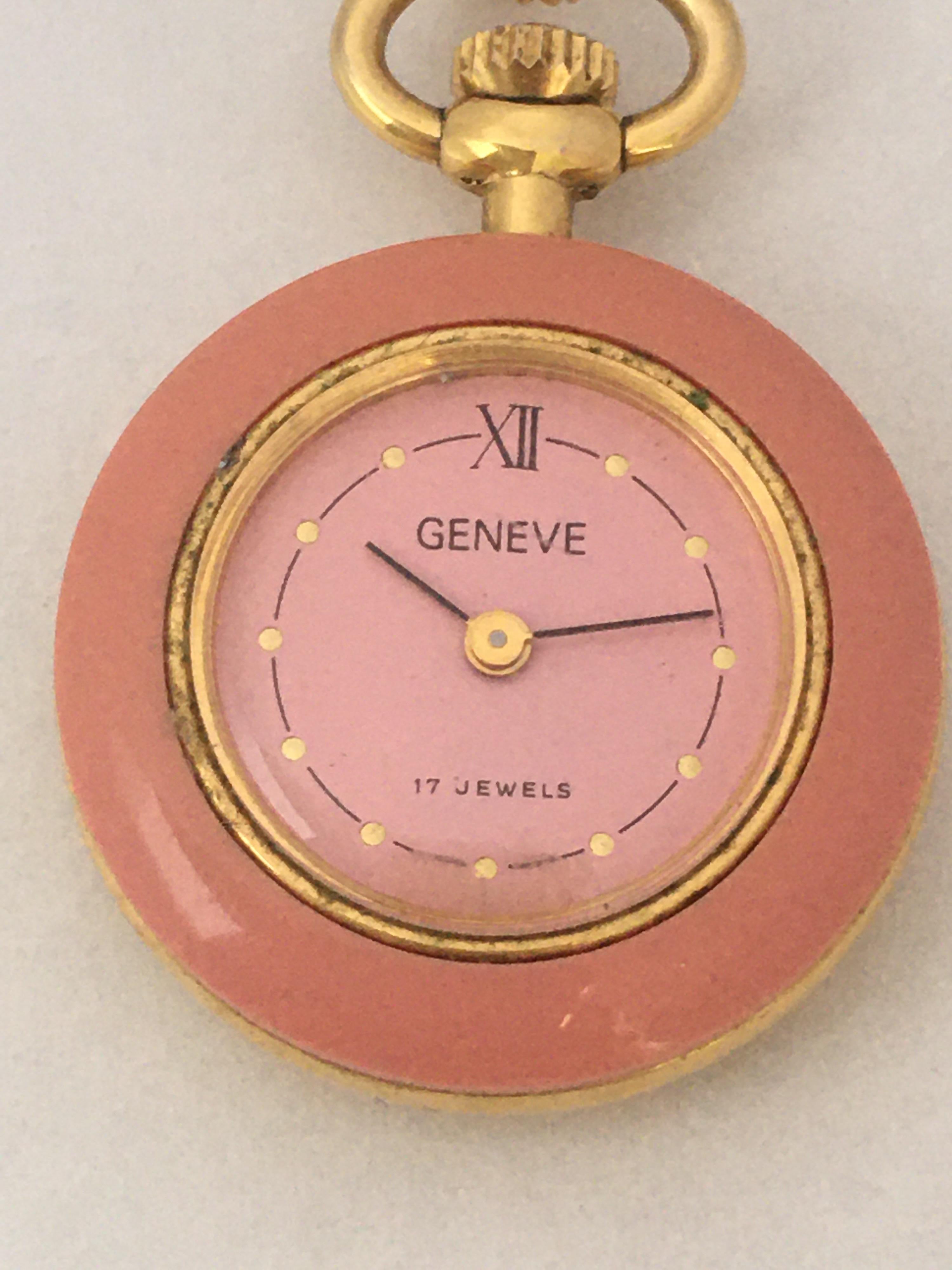 Vintage Gold Plated and Pink Enamel Geneve Mechanical Pendant/ Pocket Watch For Sale 4